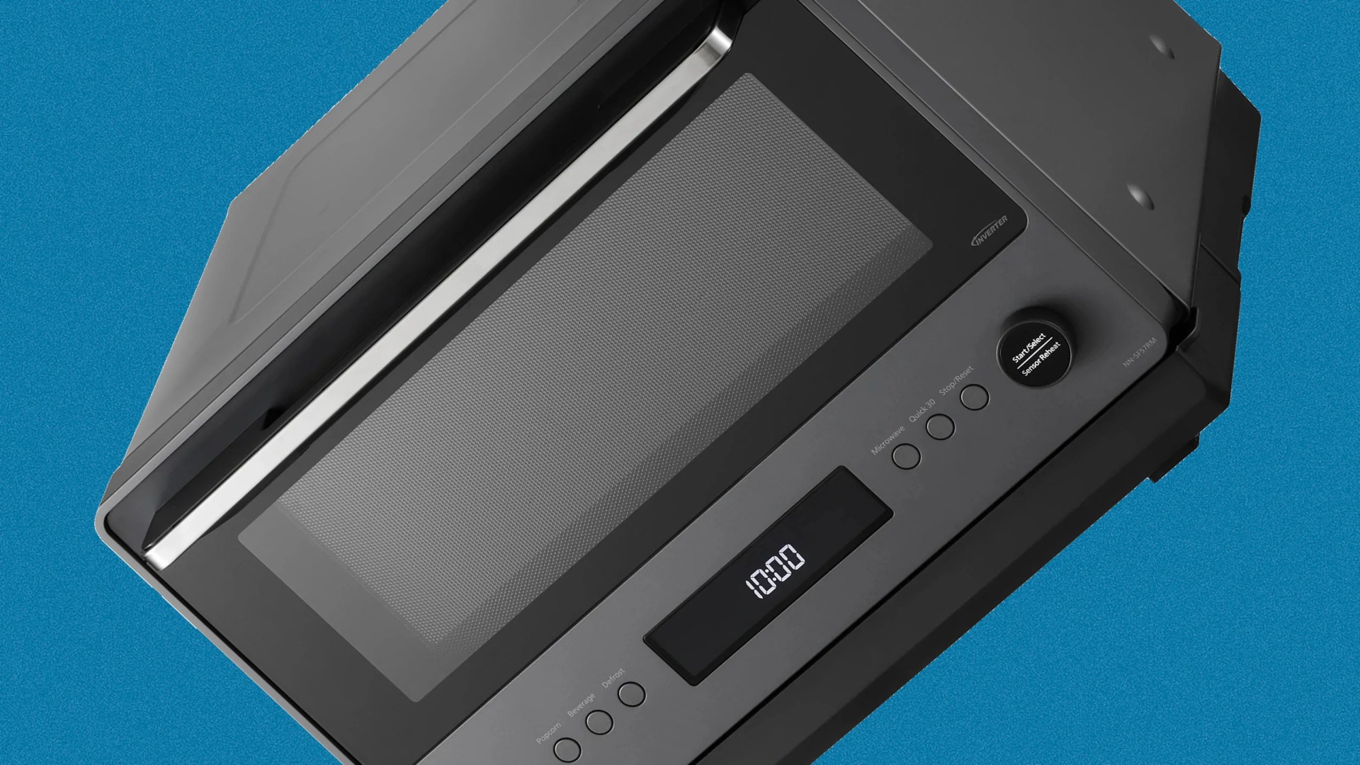Black Panasonic inverter microwave oven with digital display showing 10:00 on a blue background.