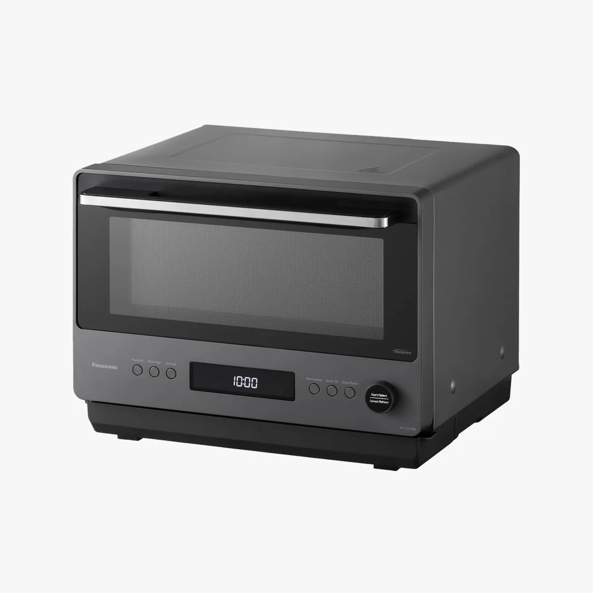 Matte black Panasonic microwave oven with digital display and control buttons on front panel.