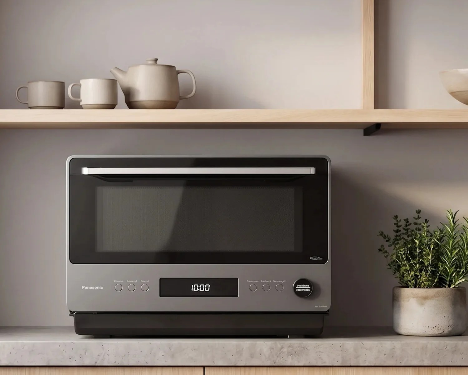 Gray Panasonic microwave oven with digital display on a marble countertop under a wooden shelf with ceramic teapot and cups.