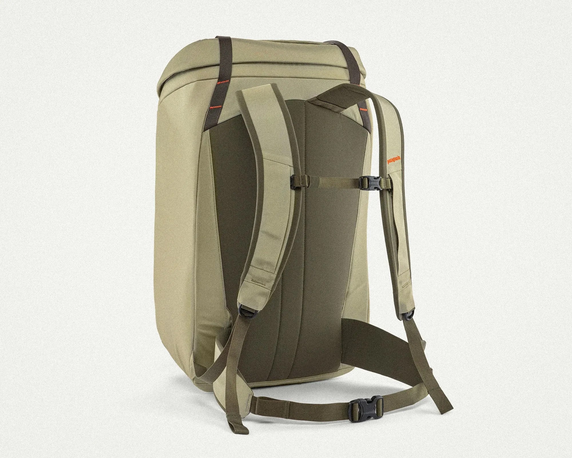 Olive green backpack with padded shoulder straps, sternum strap, and waist belt shown from the back.