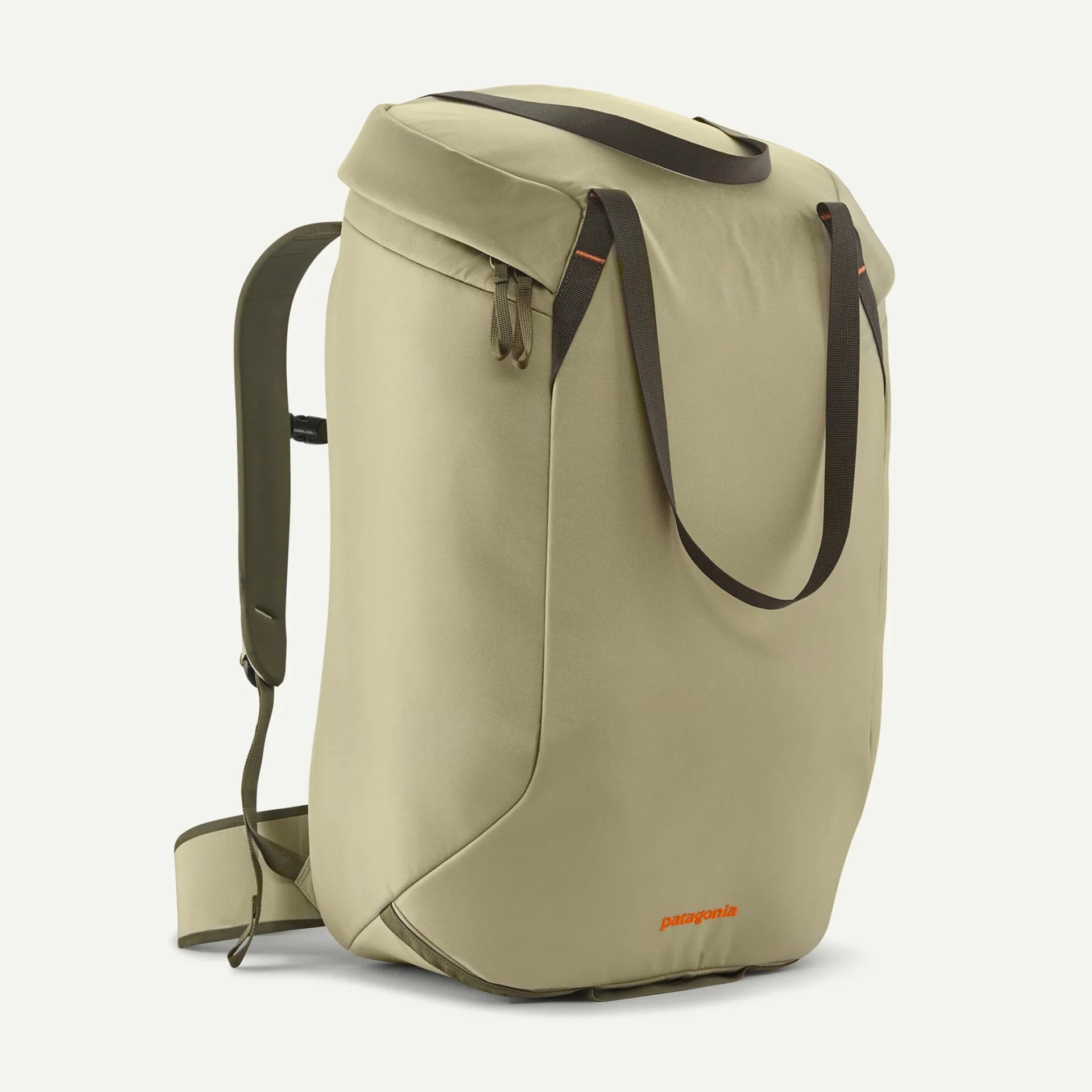 Beige Patagonia backpack with black straps and orange logo on a white background.