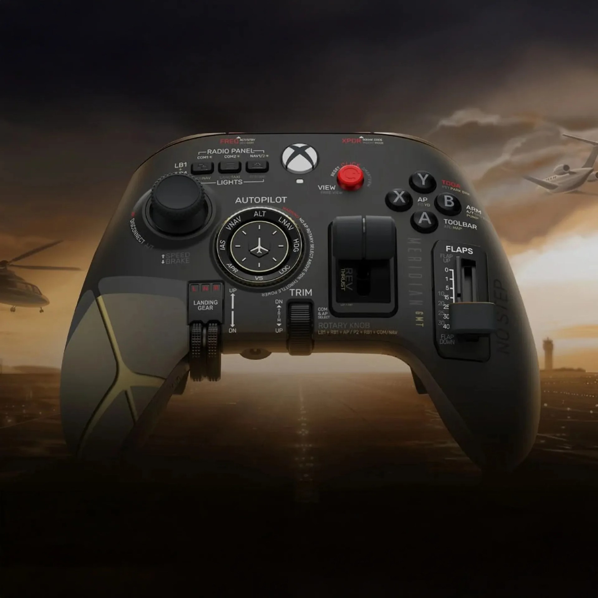Xbox controller designed for flight simulation with autopilot, throttle, and flap controls visible.