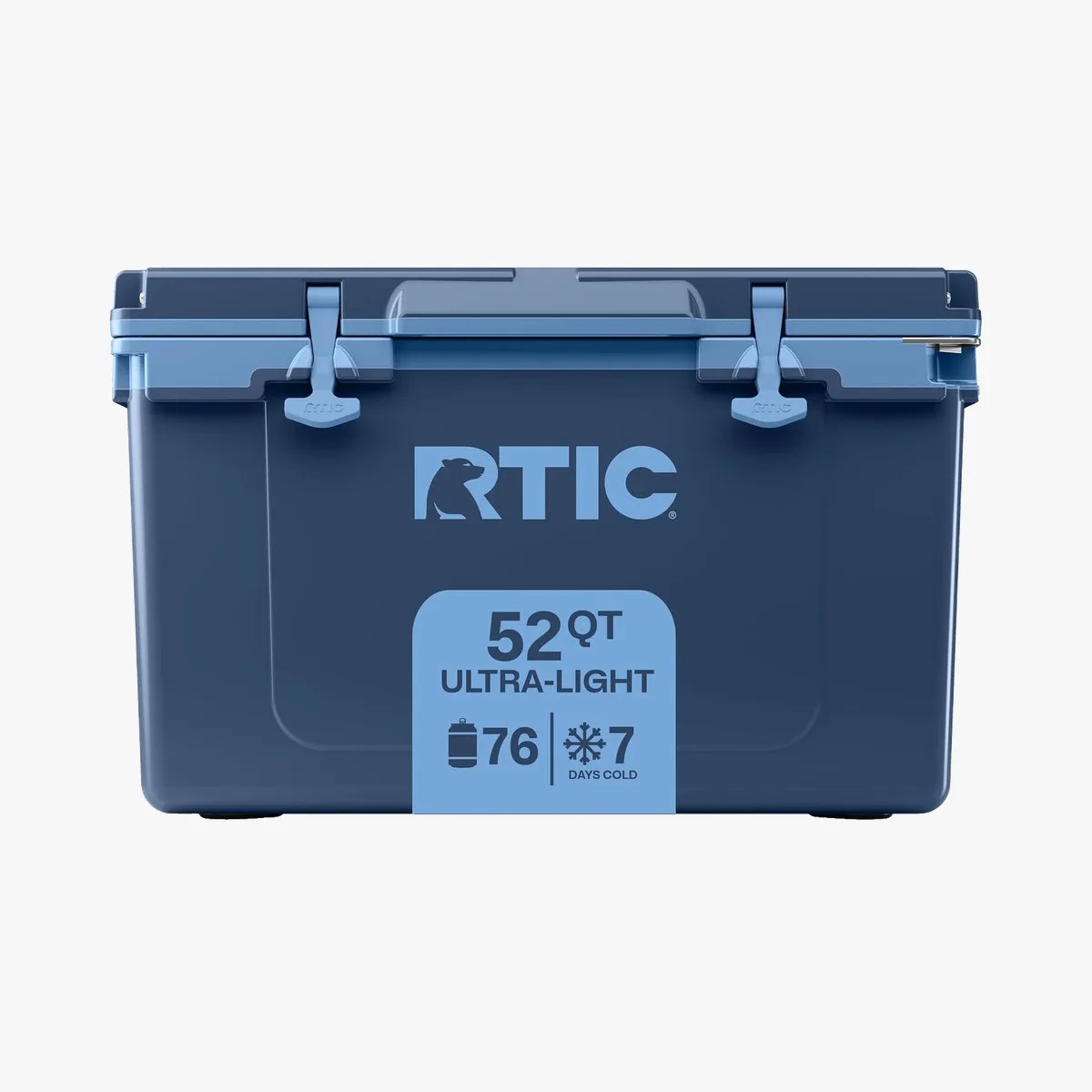 Blue RTIC 52-quart ultra-light cooler with latch closures and capacity icons on front.