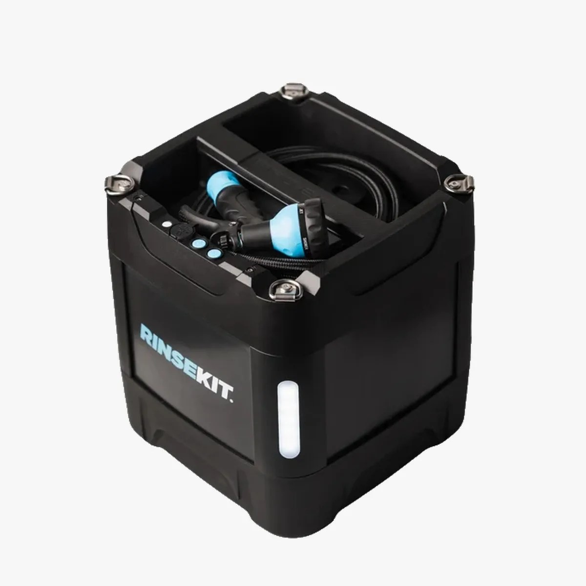 Black and blue portable RinseKit water tank with hose and spray nozzle on top.