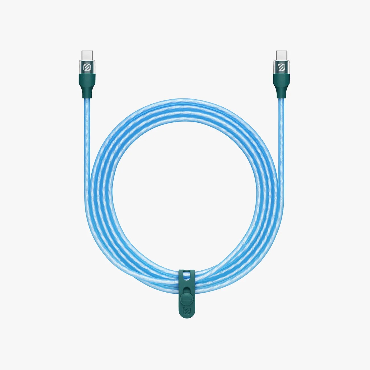 Coiled translucent blue USB-C to USB-C cable with dark green connectors and cable tie.