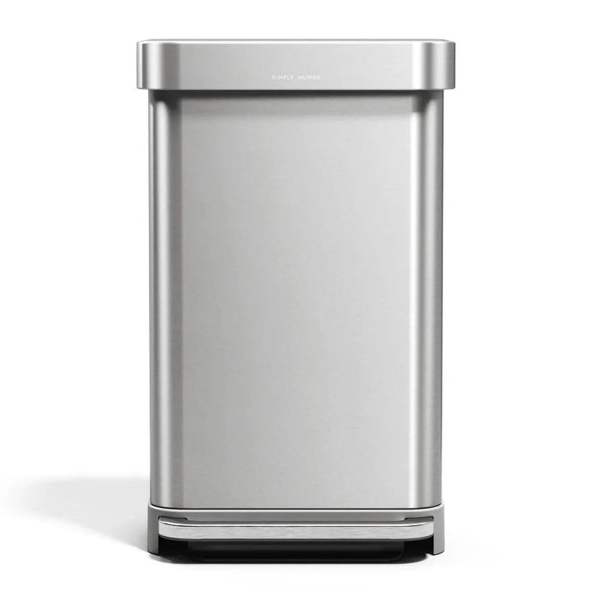 Rectangular stainless steel step trash can with a flat lid and foot pedal.