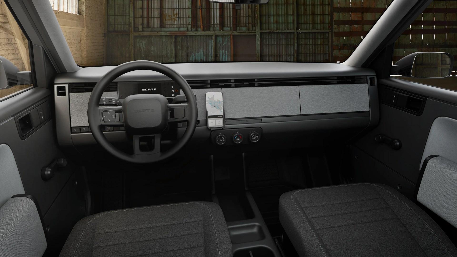 Minimalist car interior with black steering wheel, digital dashboard, gray fabric panels, and manual window cranks.