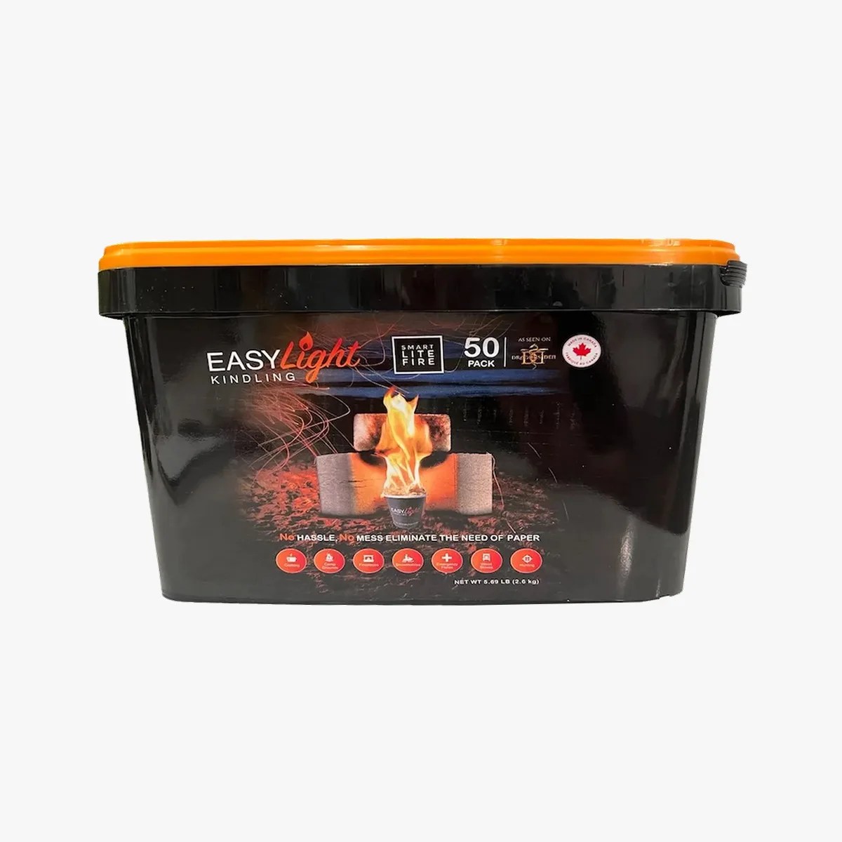 Black rectangular container with an orange lid labeled "Easy Light Kindling" and "50 pack" showing a burning fire image.
