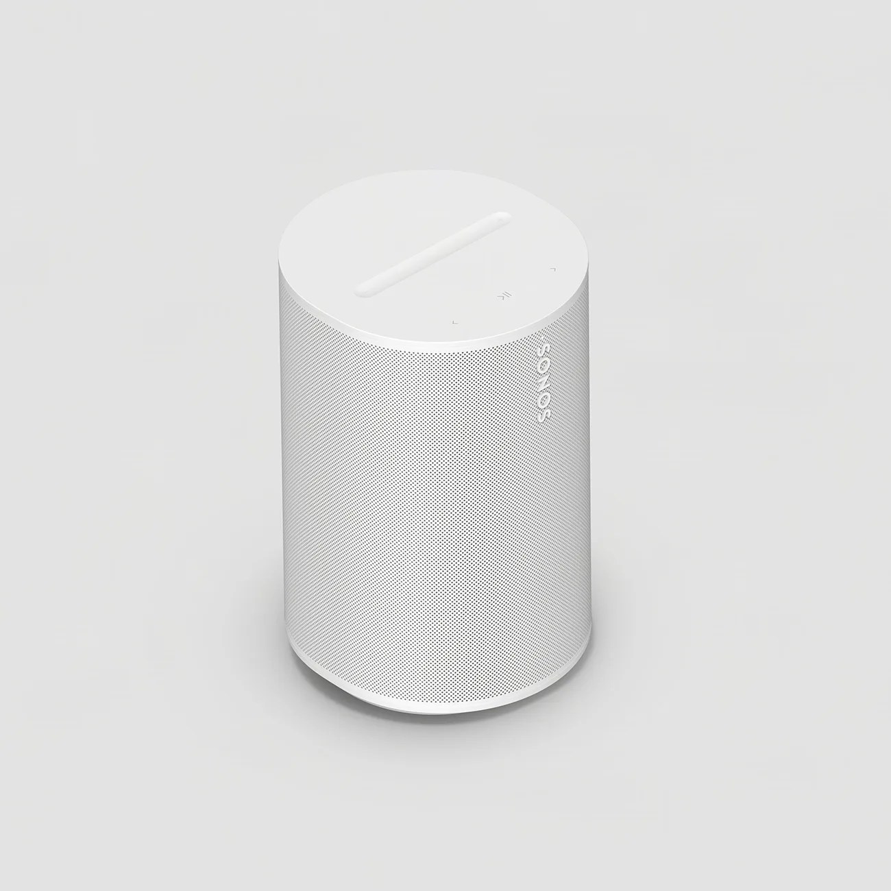 White cylindrical Sonos wireless speaker with perforated grille and touch controls on top.