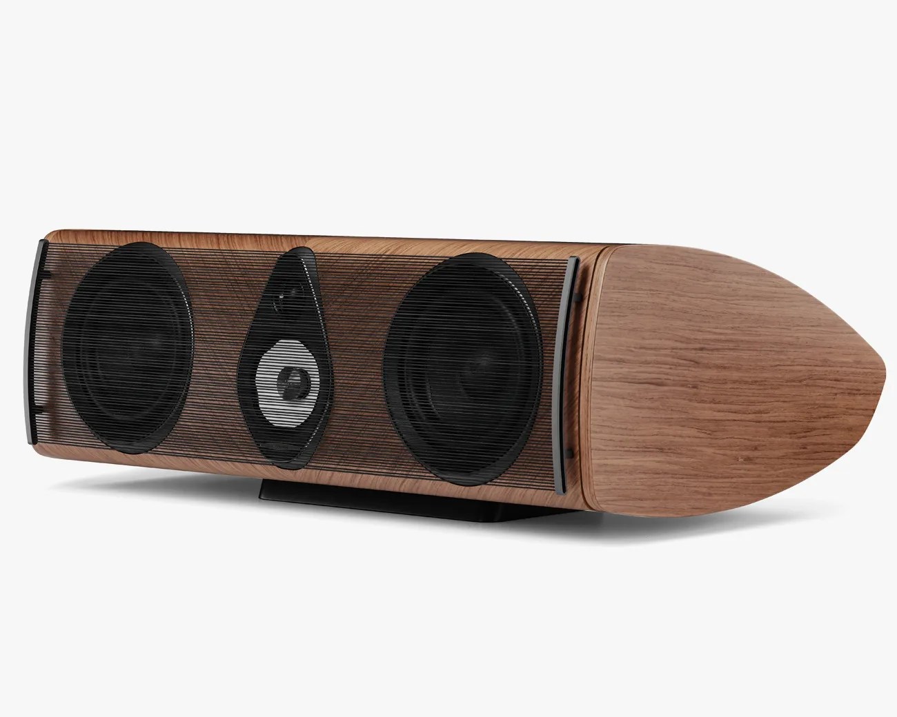 Wood-finished horizontal speaker with black mesh grille and three visible drivers on a white background.