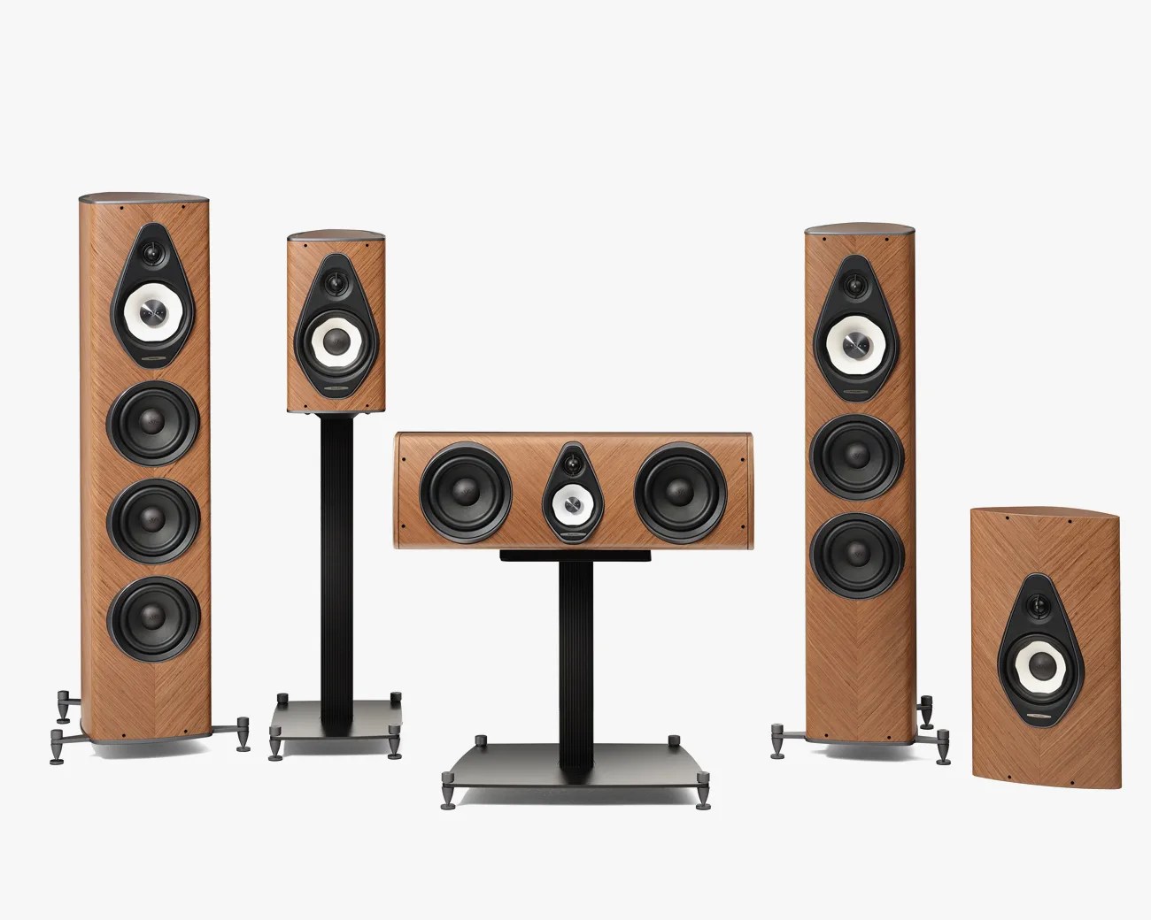Five wooden-finish speakers of varying sizes, including two tall floor-standing, two bookshelf, and one center speaker on stands.