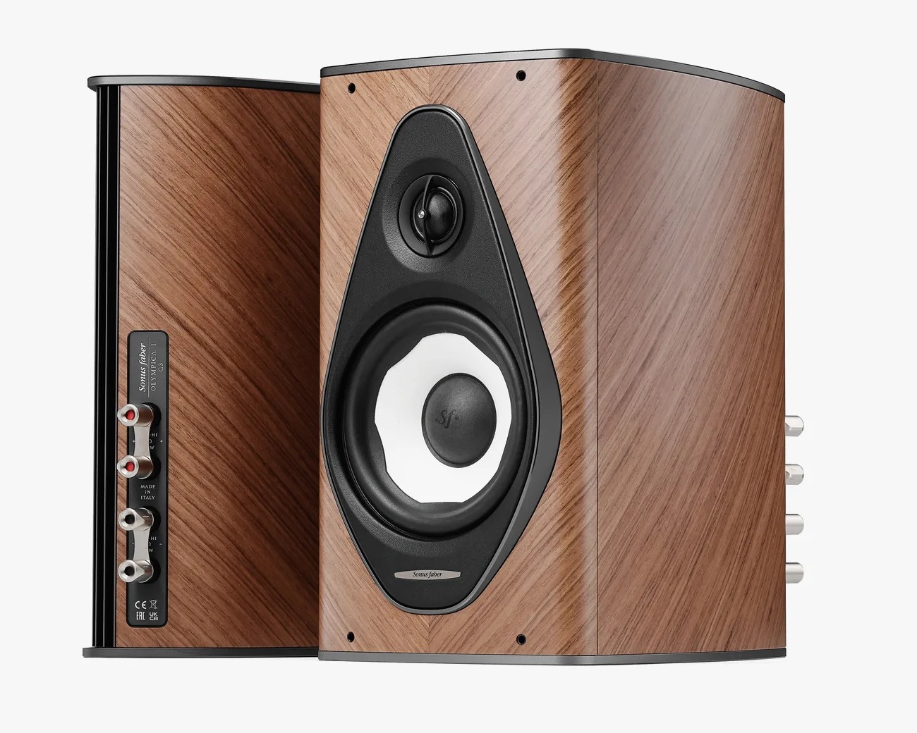 Pair of Sonus faber Olympica I G3 speakers with walnut wood finish and black speaker cones.