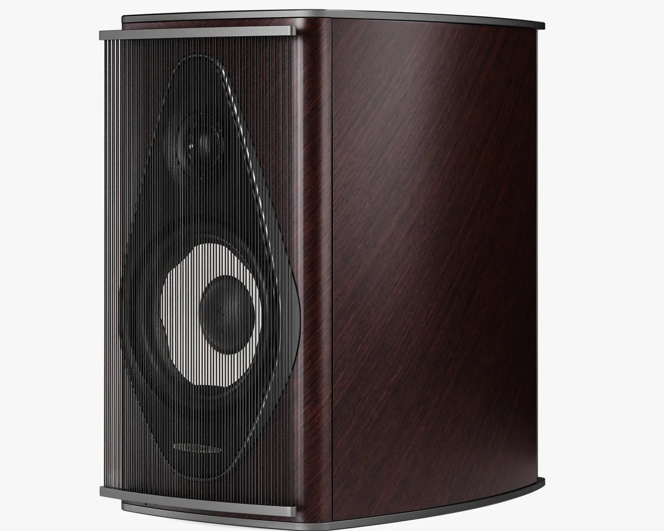 Dark wood-finished speaker with a black grille and visible white and black speaker cones.