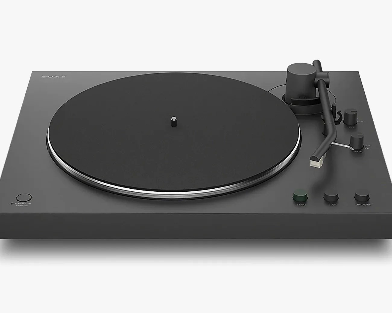 Matte black Sony turntable with tonearm, start/stop buttons, and Bluetooth pairing button.