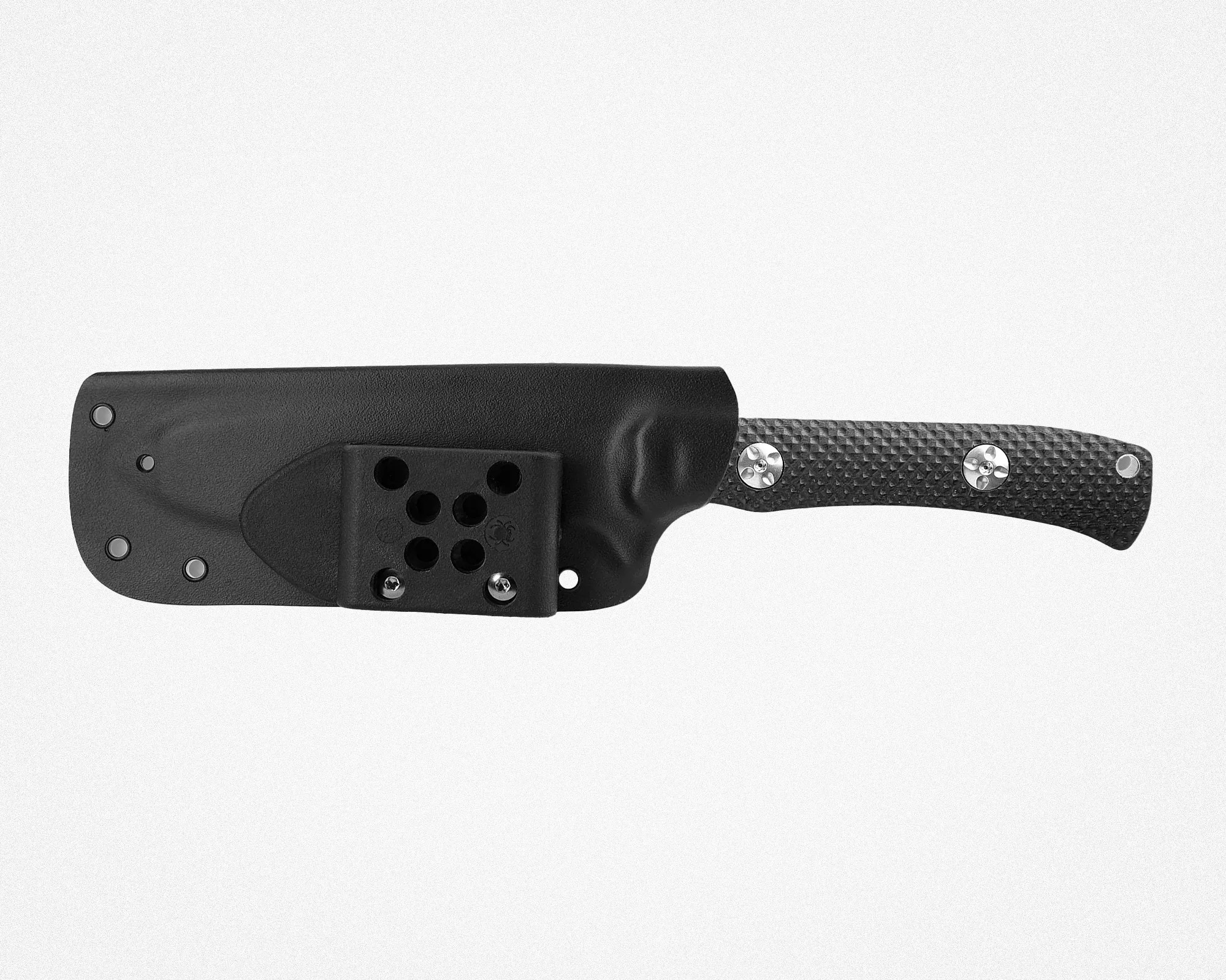 Black textured knife handle with silver screws partially visible in a black sheath.
