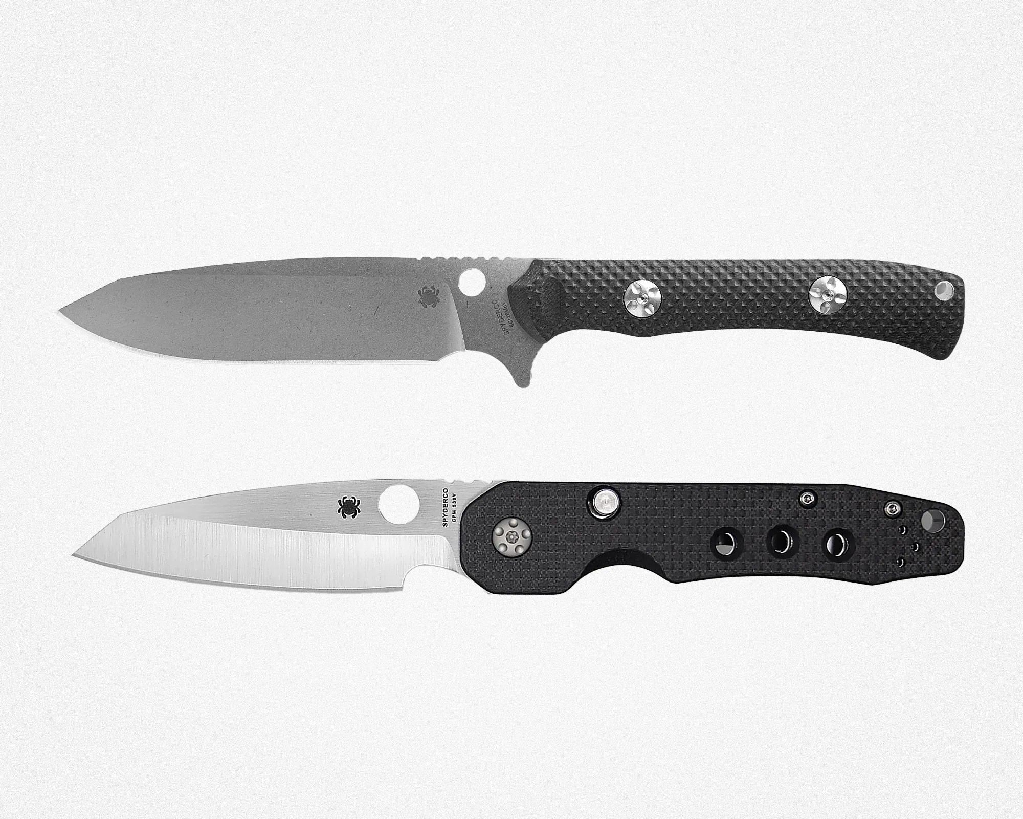 Two Spyderco knives with black textured handles and stainless steel blades on a white background.