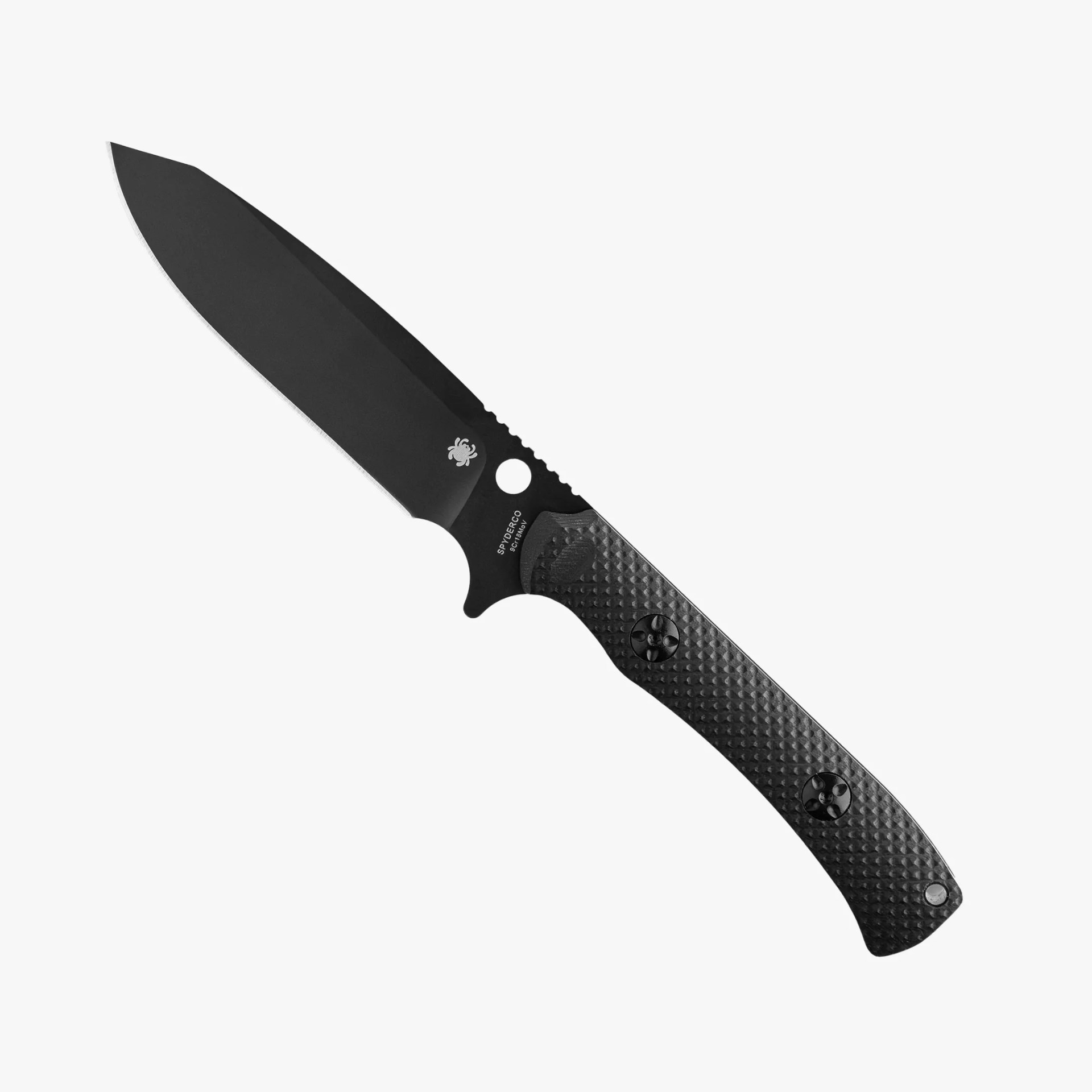 Black Spyderco folding knife with textured handle and partially serrated blade.