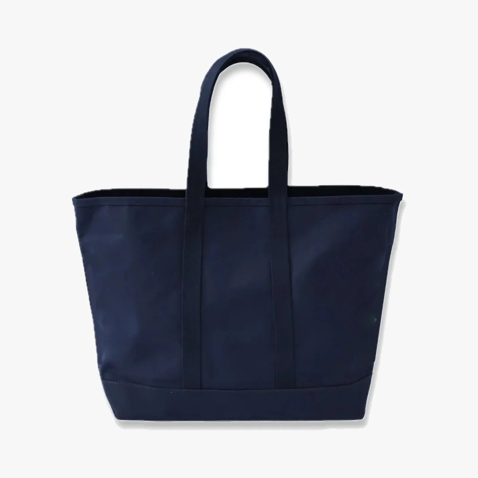 Navy blue canvas tote bag with two handles on a white background.
