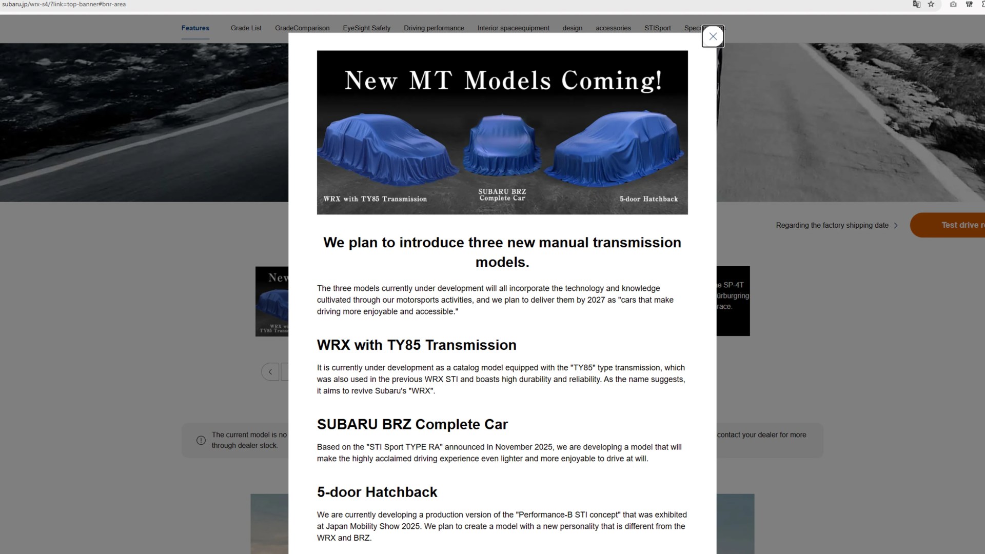 Popup window on Subaru website announcing three new manual transmission models: WRX with TY85 Transmission, SUBARU BRZ Complete Car, and 5-door Hatchback, all covered with blue cloths.