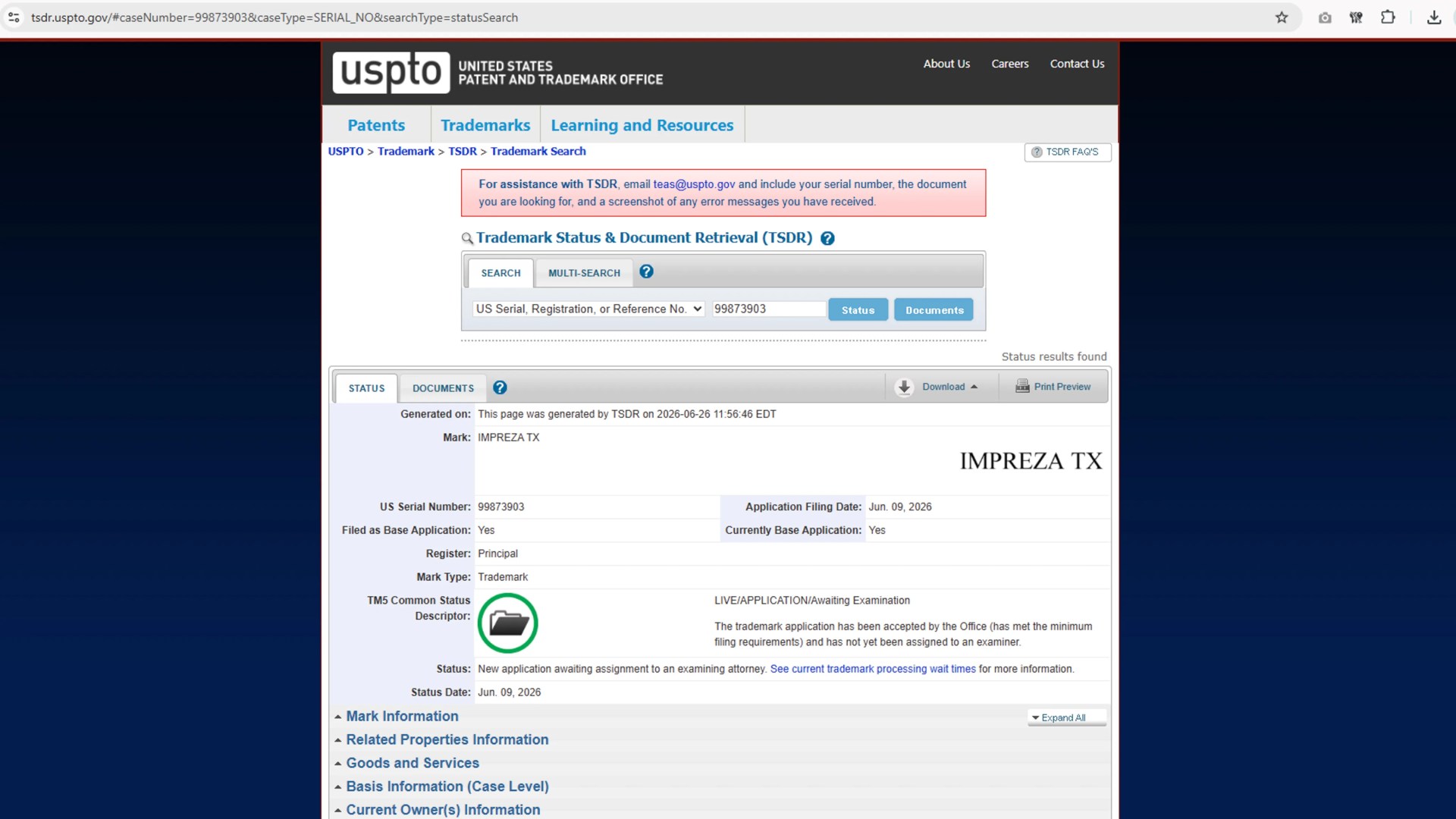 USPTO trademark status page showing application for "IMPREZA TX" with serial number 99873903, filed on June 9, 2026, currently awaiting examination.