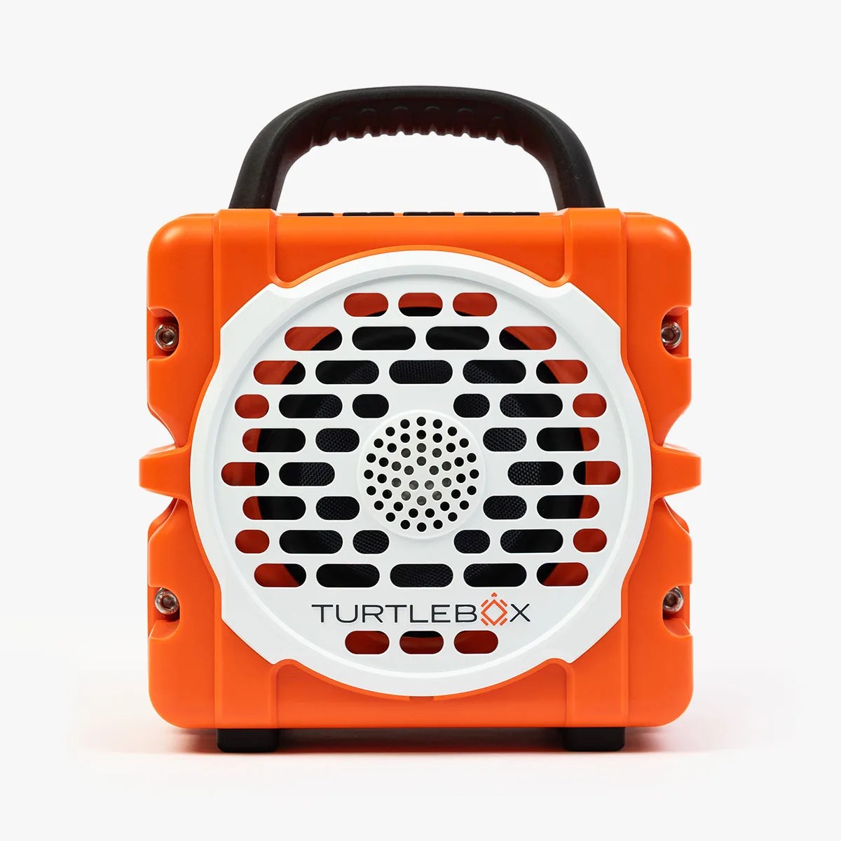 Orange and white Turtlebox portable speaker with black handle and front grille.