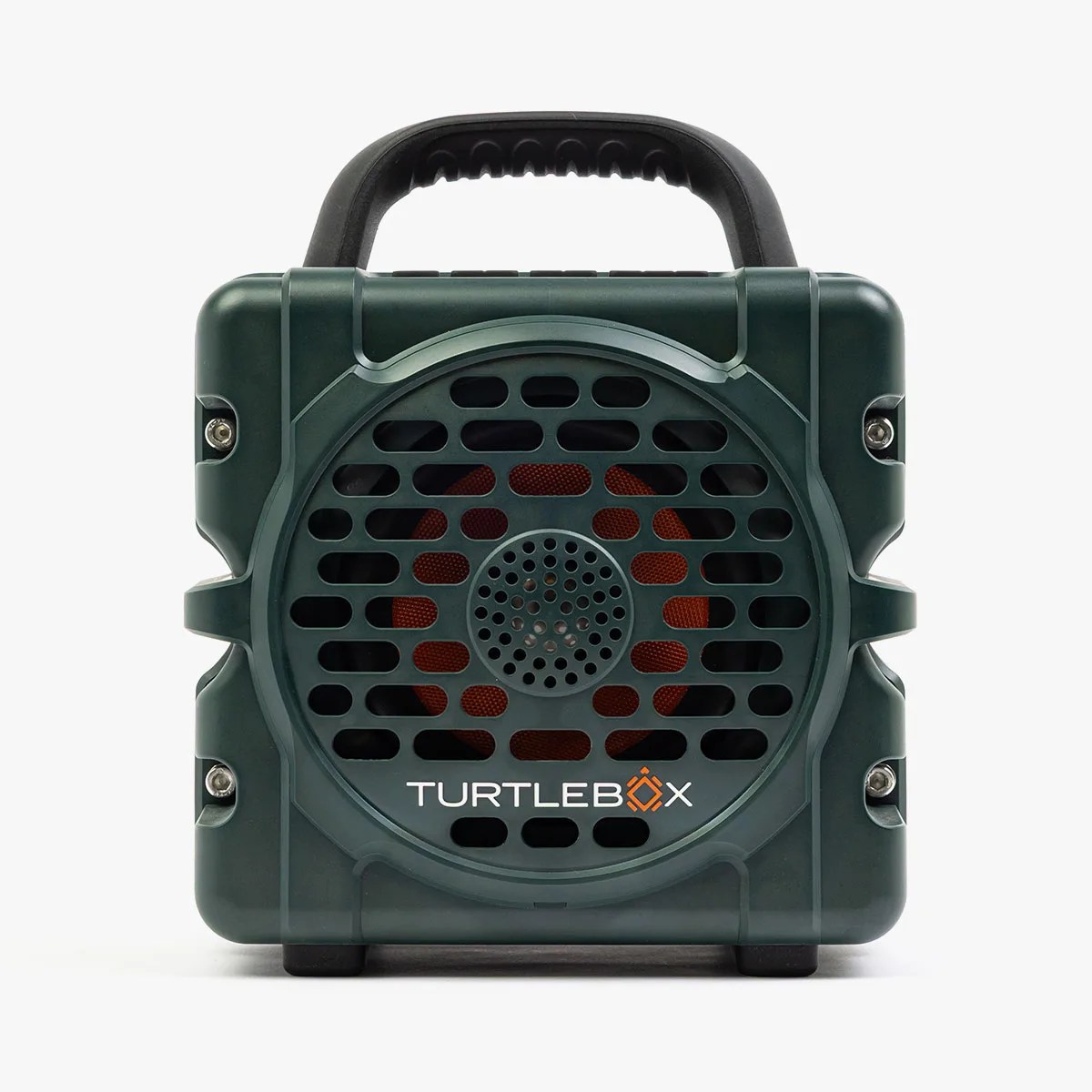 Dark green portable Turtlebox speaker with black handle and front grille.