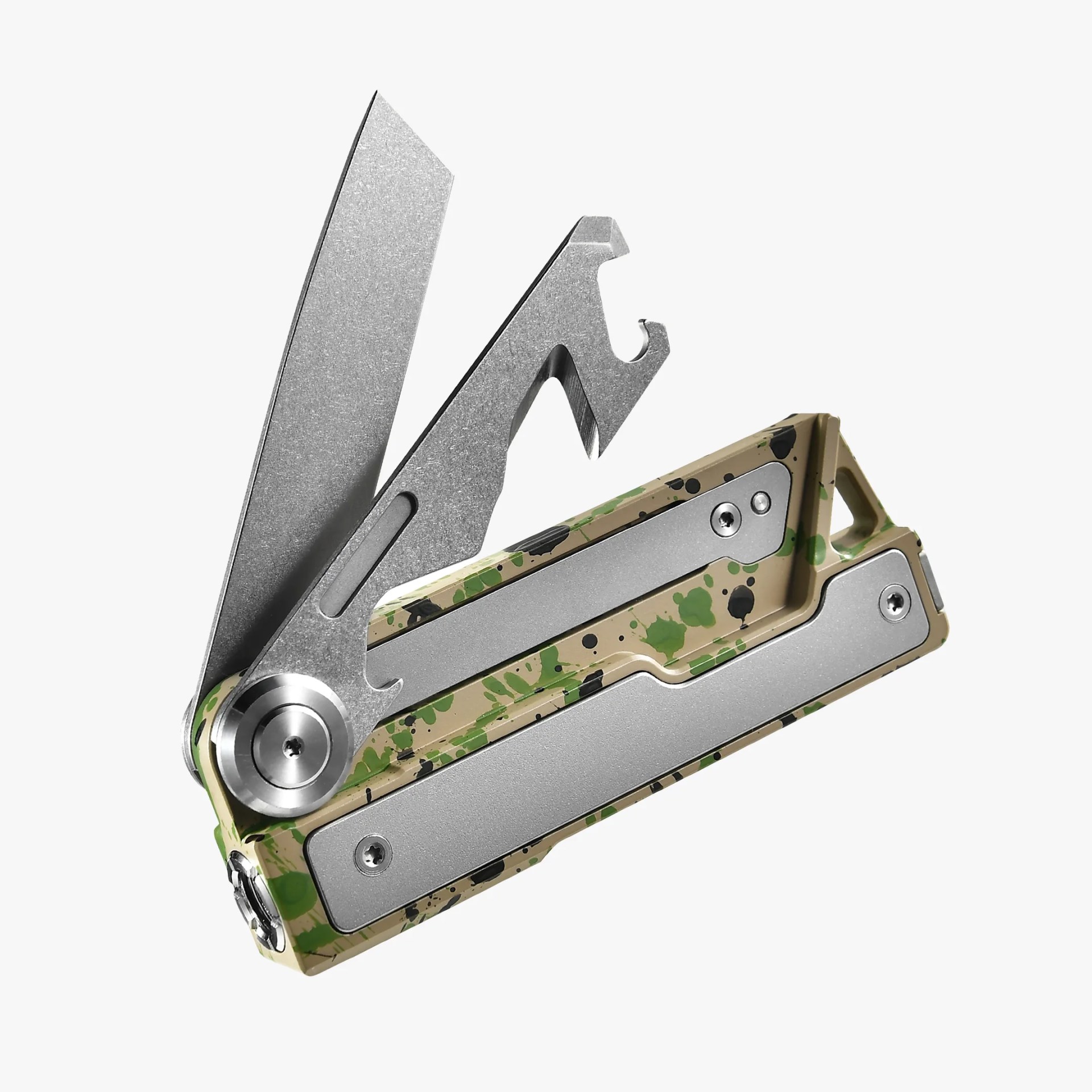 Multitool with a camo-patterned handle and two open stainless steel blades, one with a bottle opener.