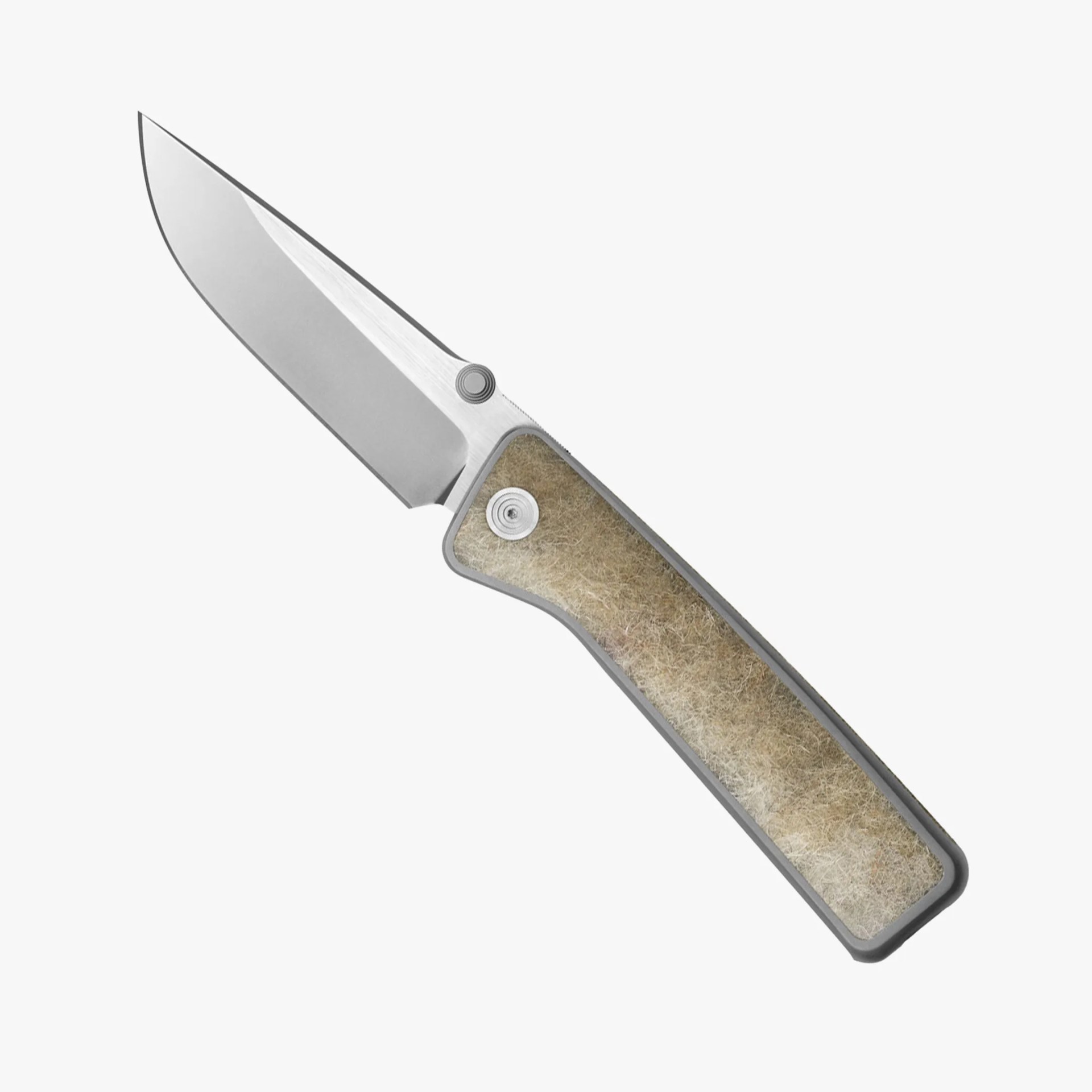 Folding knife with a polished steel blade and textured beige handle.