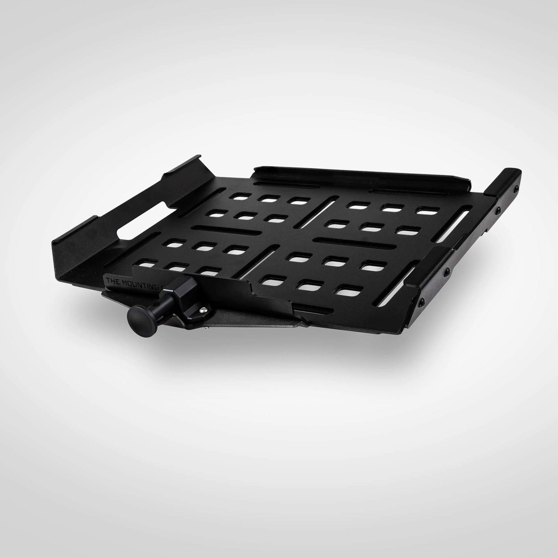 Black metal adjustable laptop or tablet stand with ventilation holes and a locking knob.