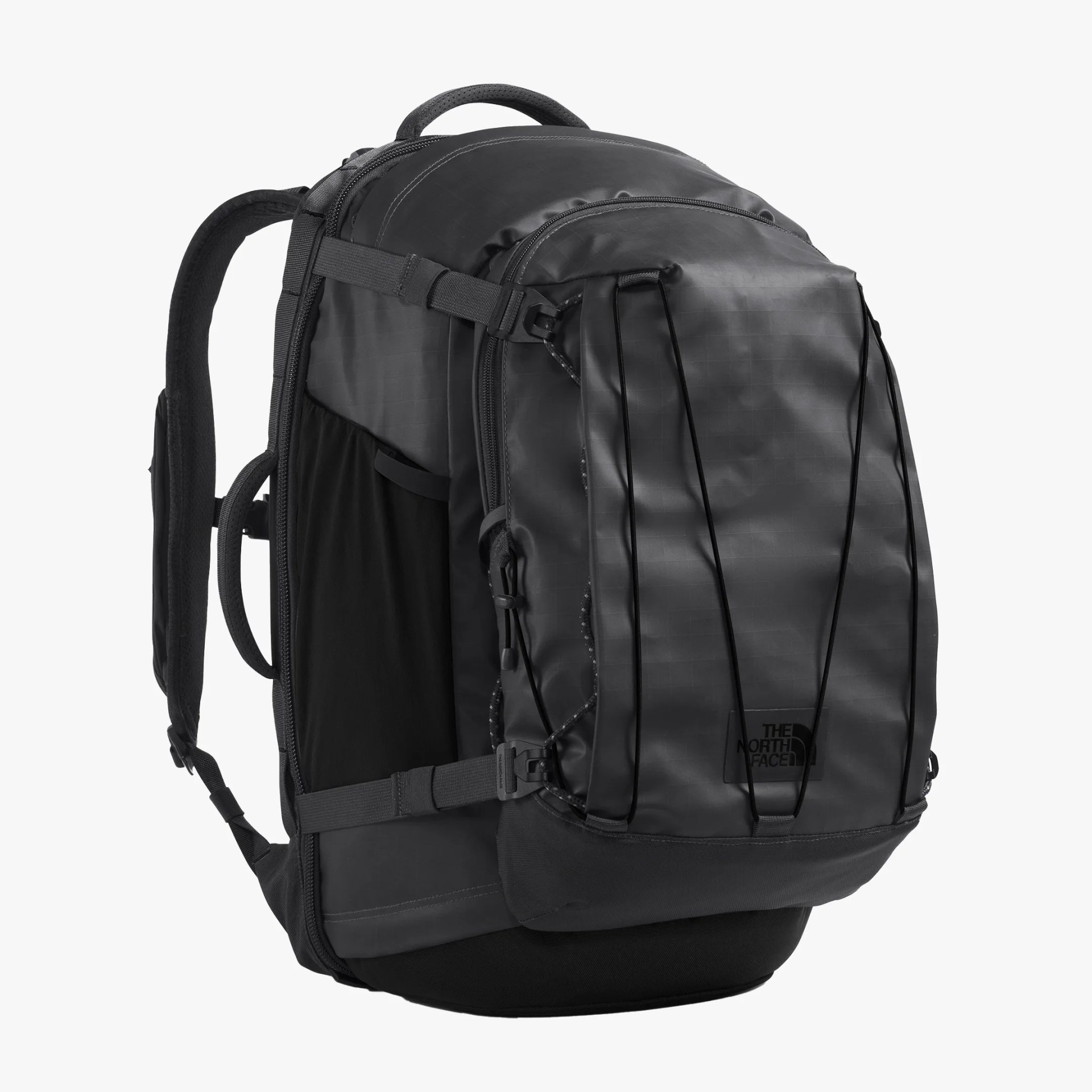 Black North Face backpack with padded shoulder straps and front bungee cord system.