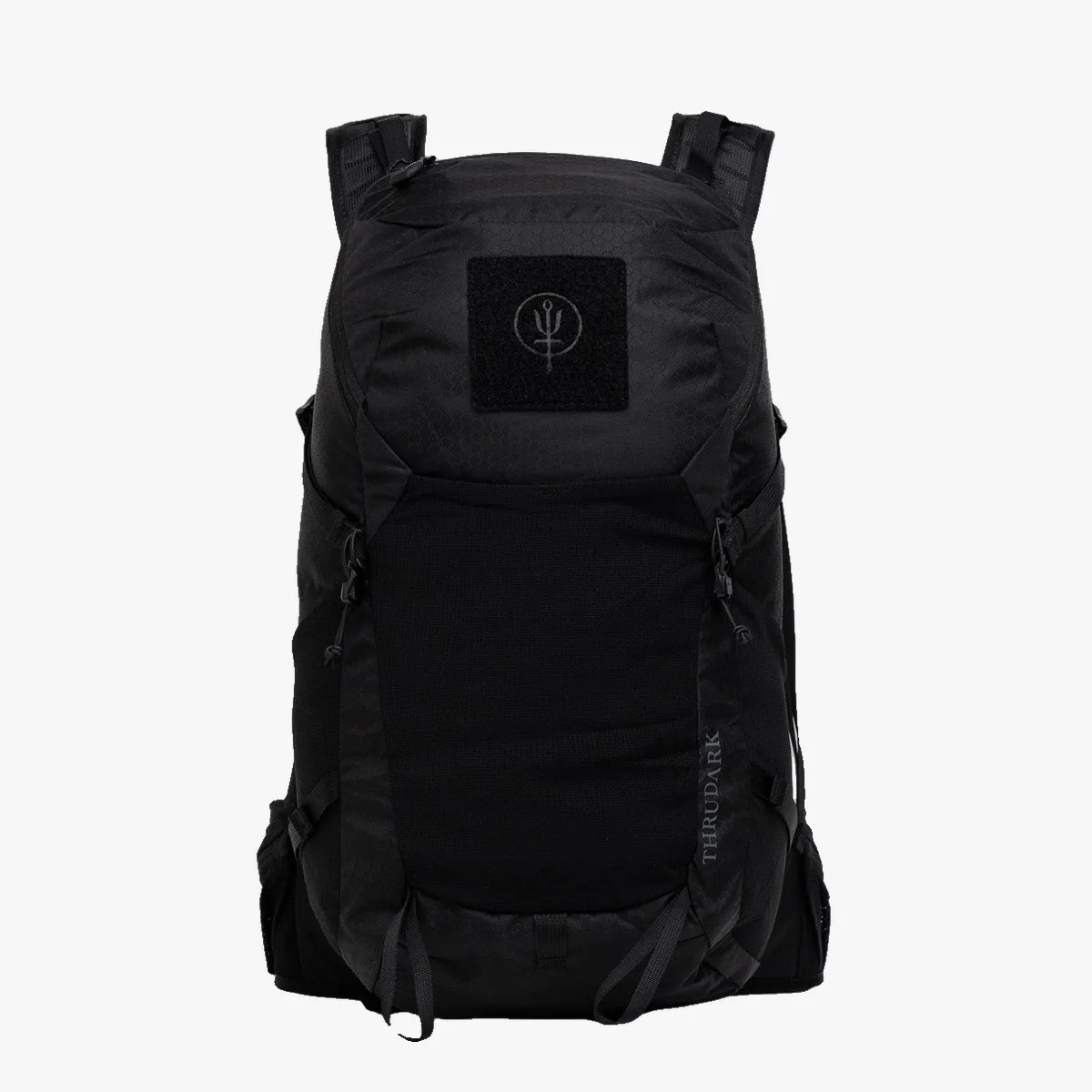 Black tactical backpack with padded shoulder straps and front mesh pocket, featuring a logo patch and "THRUDARK" text.