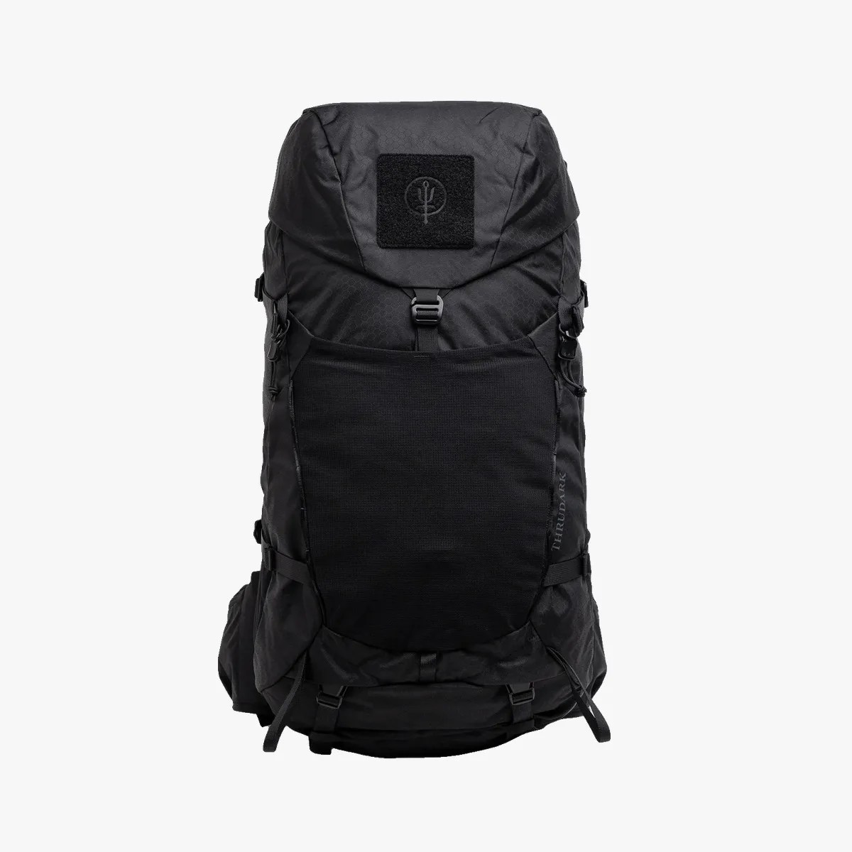 Black tactical backpack with multiple straps and a front mesh pocket against a white background.