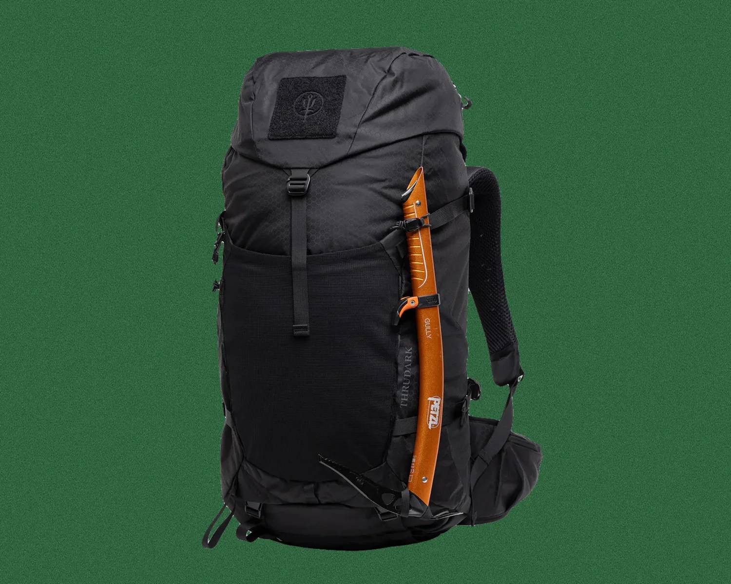 Black hiking backpack with padded straps and an orange ice axe attached to the side.