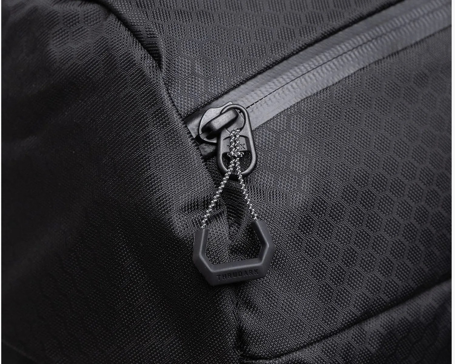 Close-up of a black textured fabric bag with a black zipper pull attached to a chain labeled "THRUDARK.