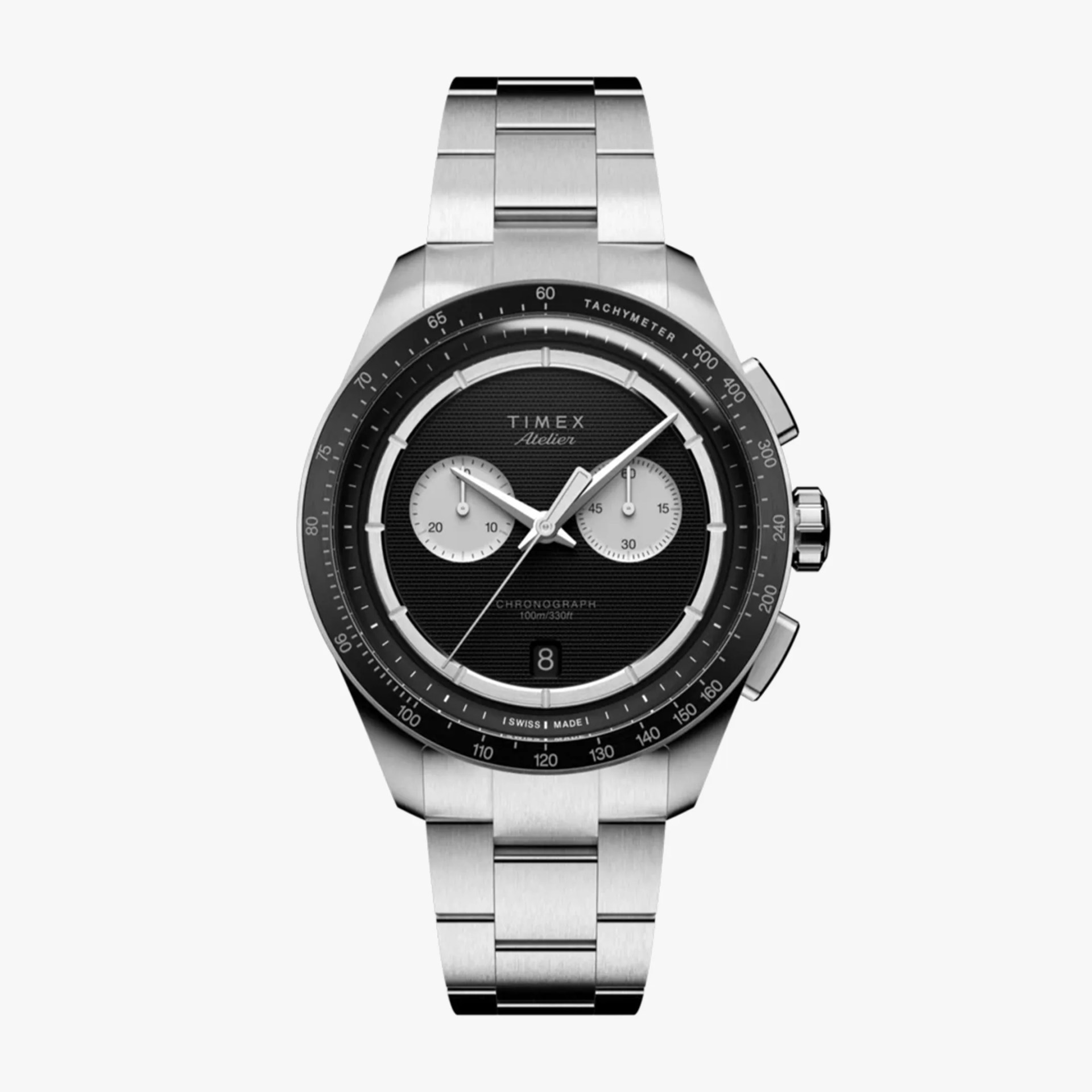 Silver stainless steel Timex chronograph watch with black dial and tachymeter bezel.