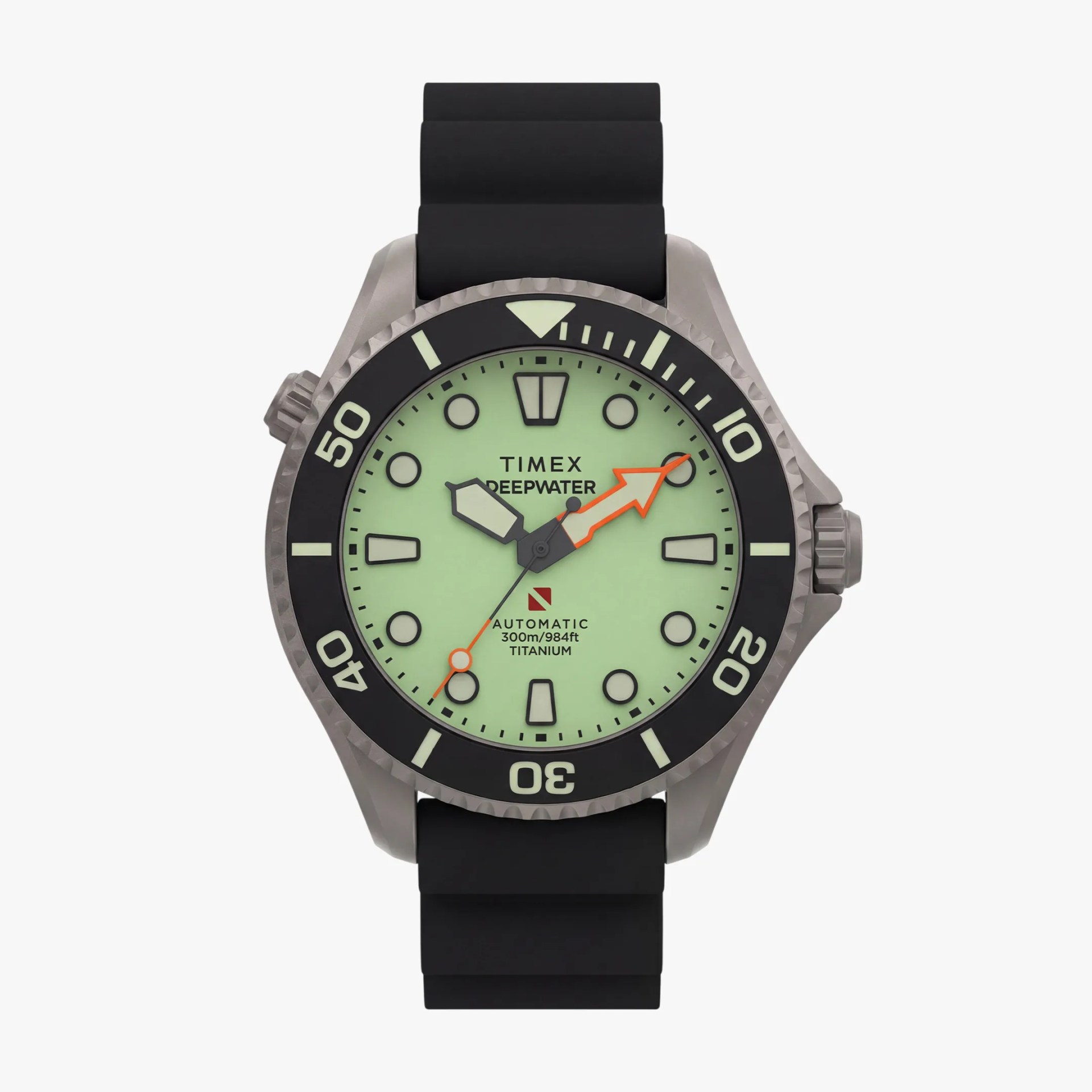 Titanium Timex Deepwater automatic dive watch with a black bezel, mint green dial, orange arrow hand, and black rubber strap.