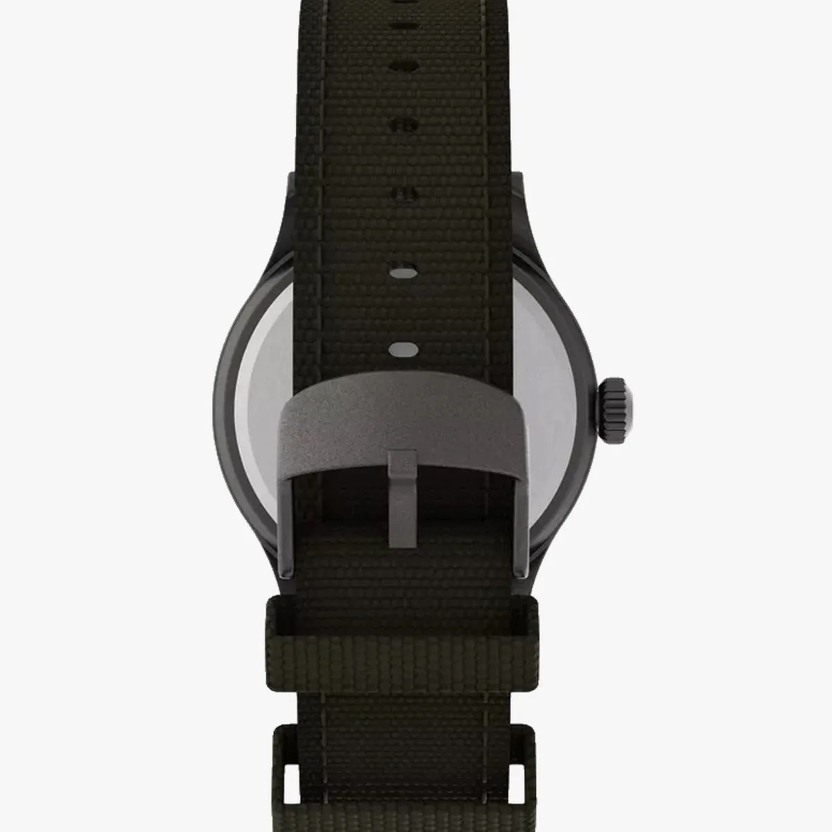 Black fabric watch strap with a matte black metal buckle and a partially visible watch case.