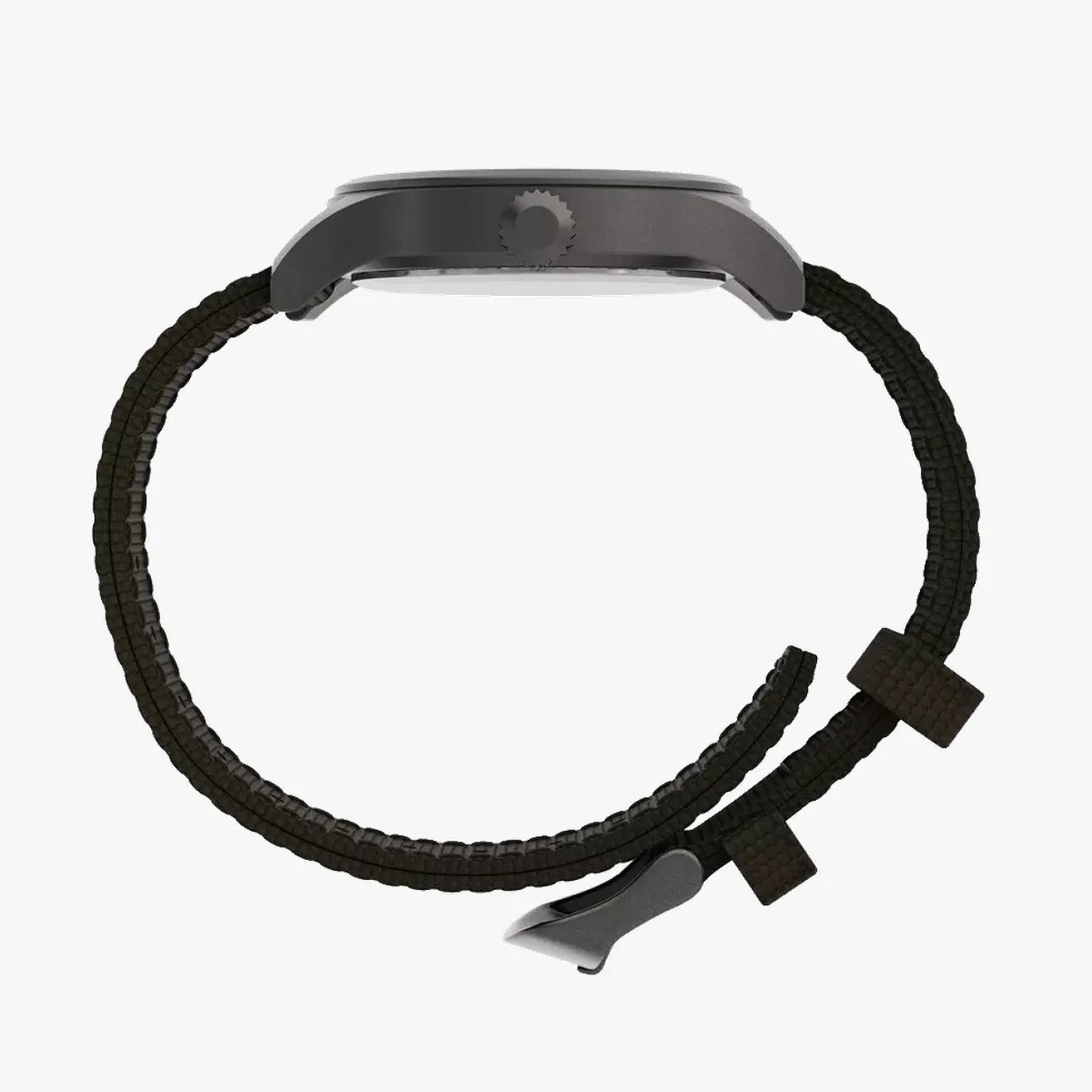 Side view of a black watch with a textured black strap and a matte black case.