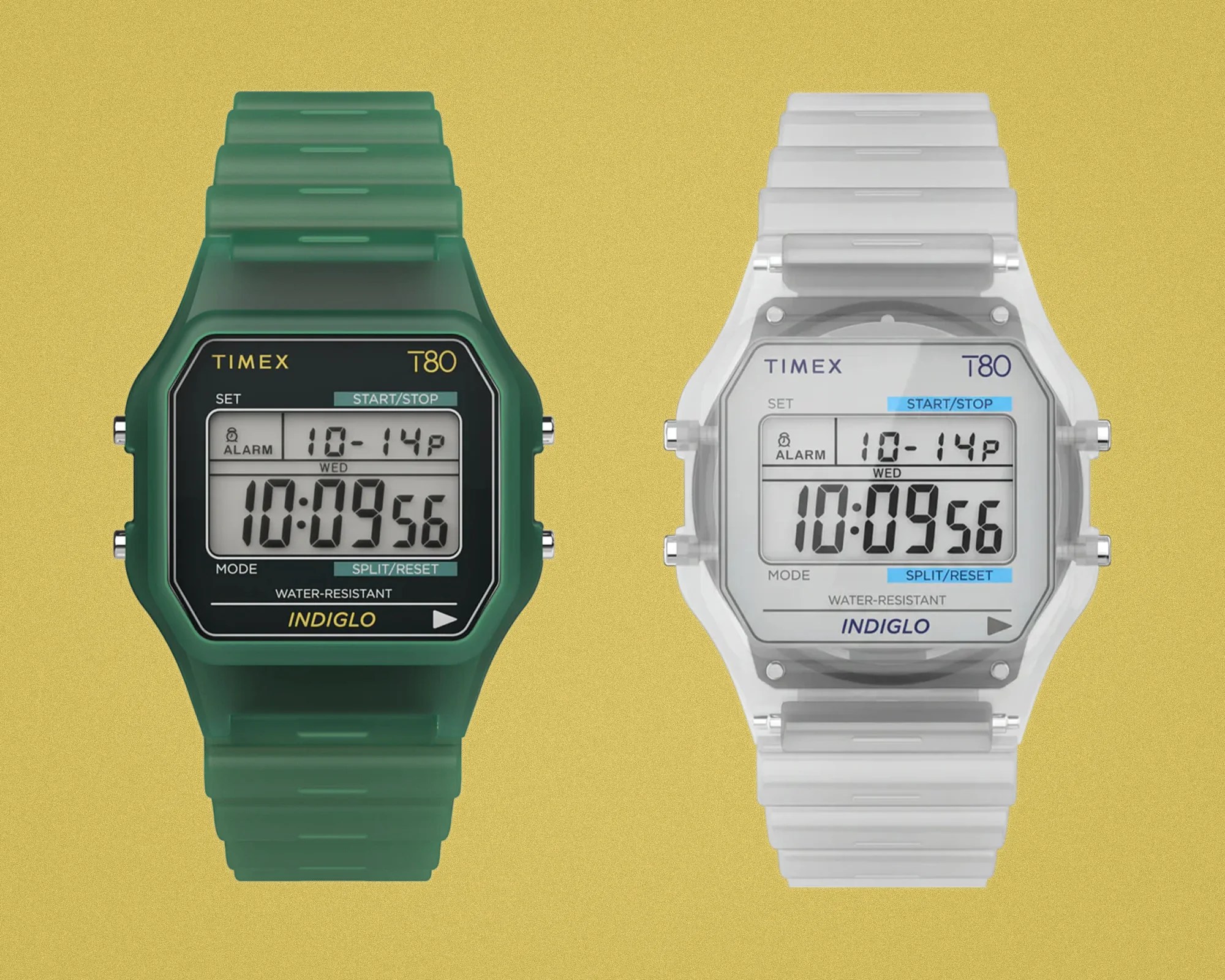 Two Timex T80 digital watches side by side, one green with a black face and one translucent white with a white face, on a yellow background.