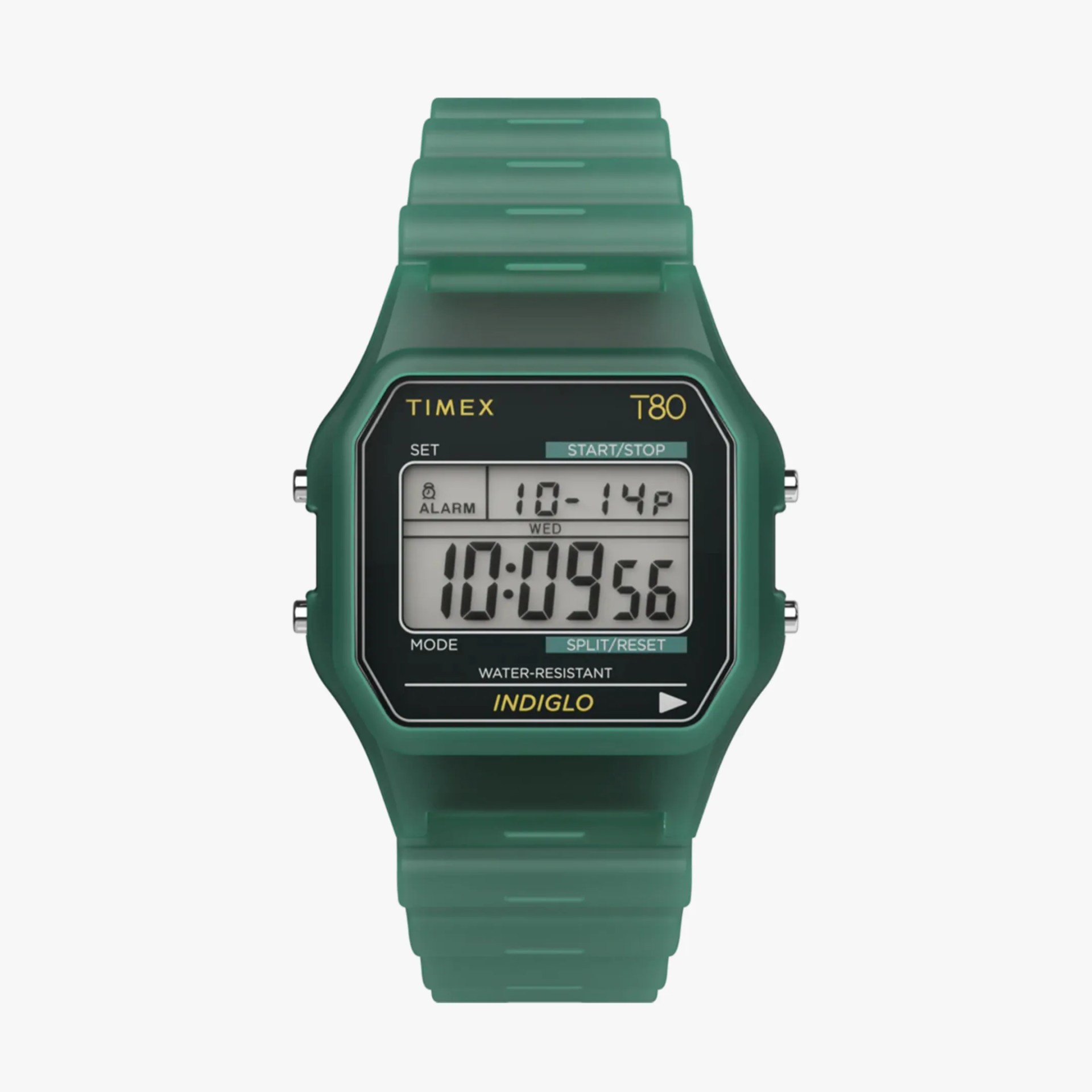 Green Timex T80 digital watch with rectangular face and matching green strap.