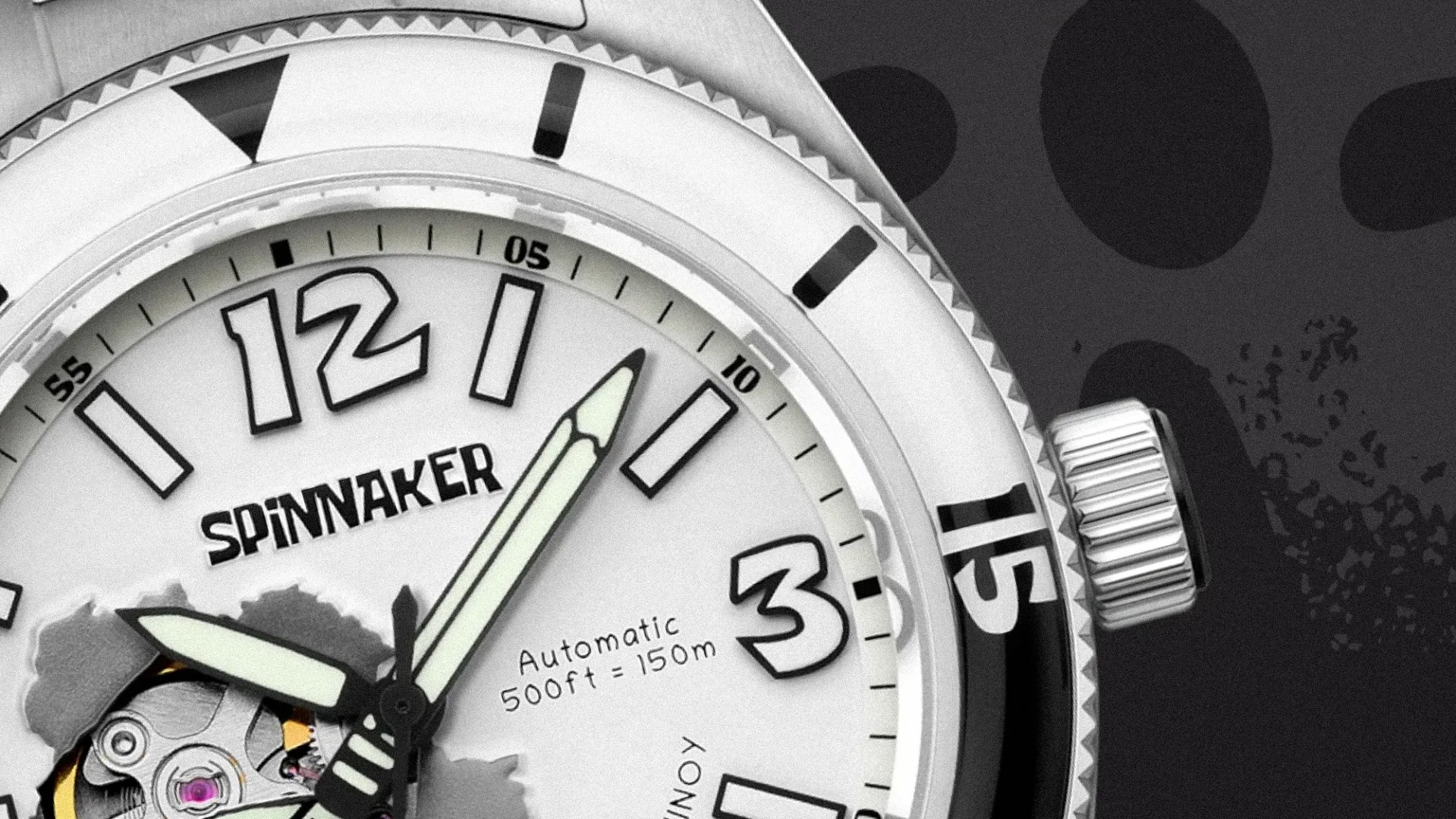 Close-up of a Spinnaker watch face showing luminous hands, partial mechanical movement, and water resistance text.