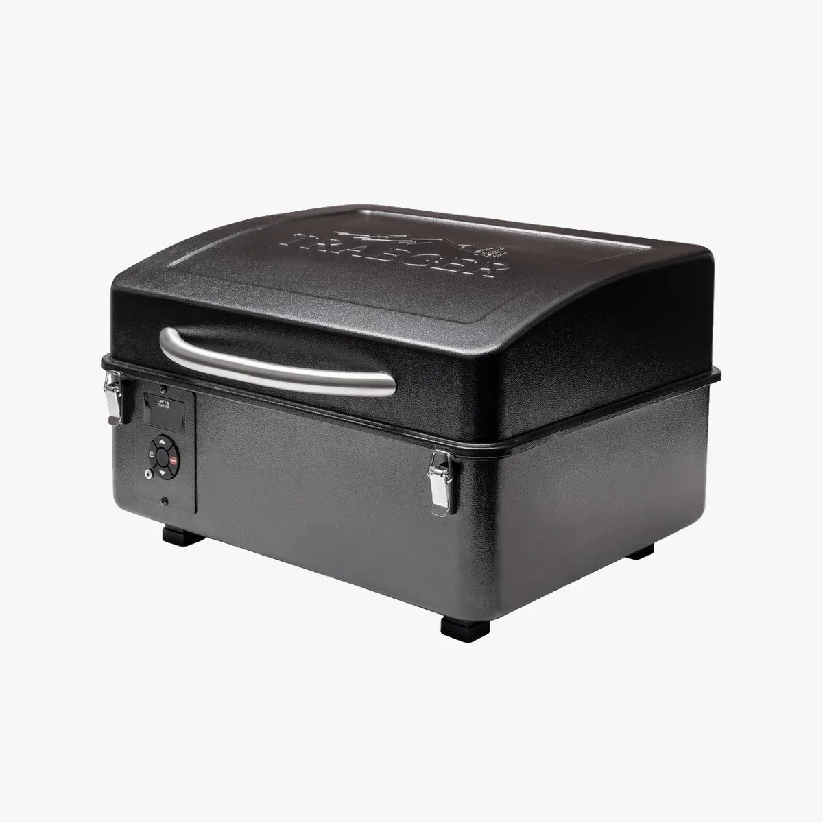 Black rectangular portable electric grill with a silver handle and control panel on the front side.