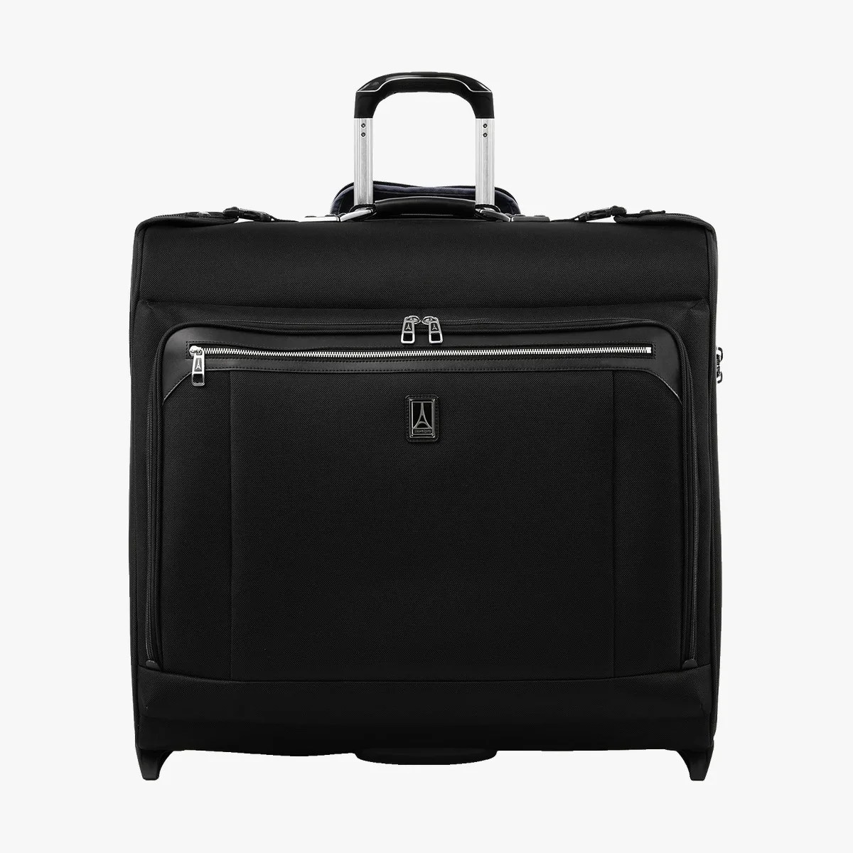 Black soft-sided rolling garment bag with telescoping handle and front zippered pocket.