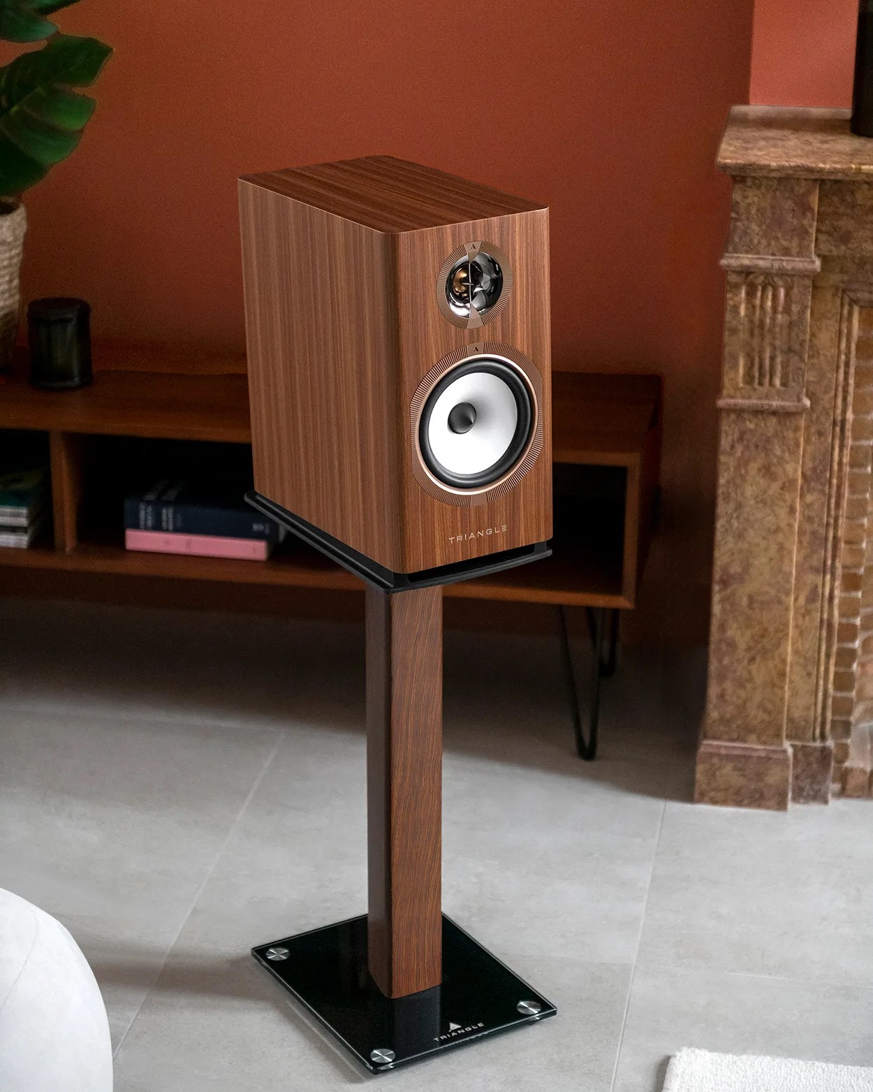 Wood-finished Triangle speaker with white cone on a matching wooden stand with black base in a living room.