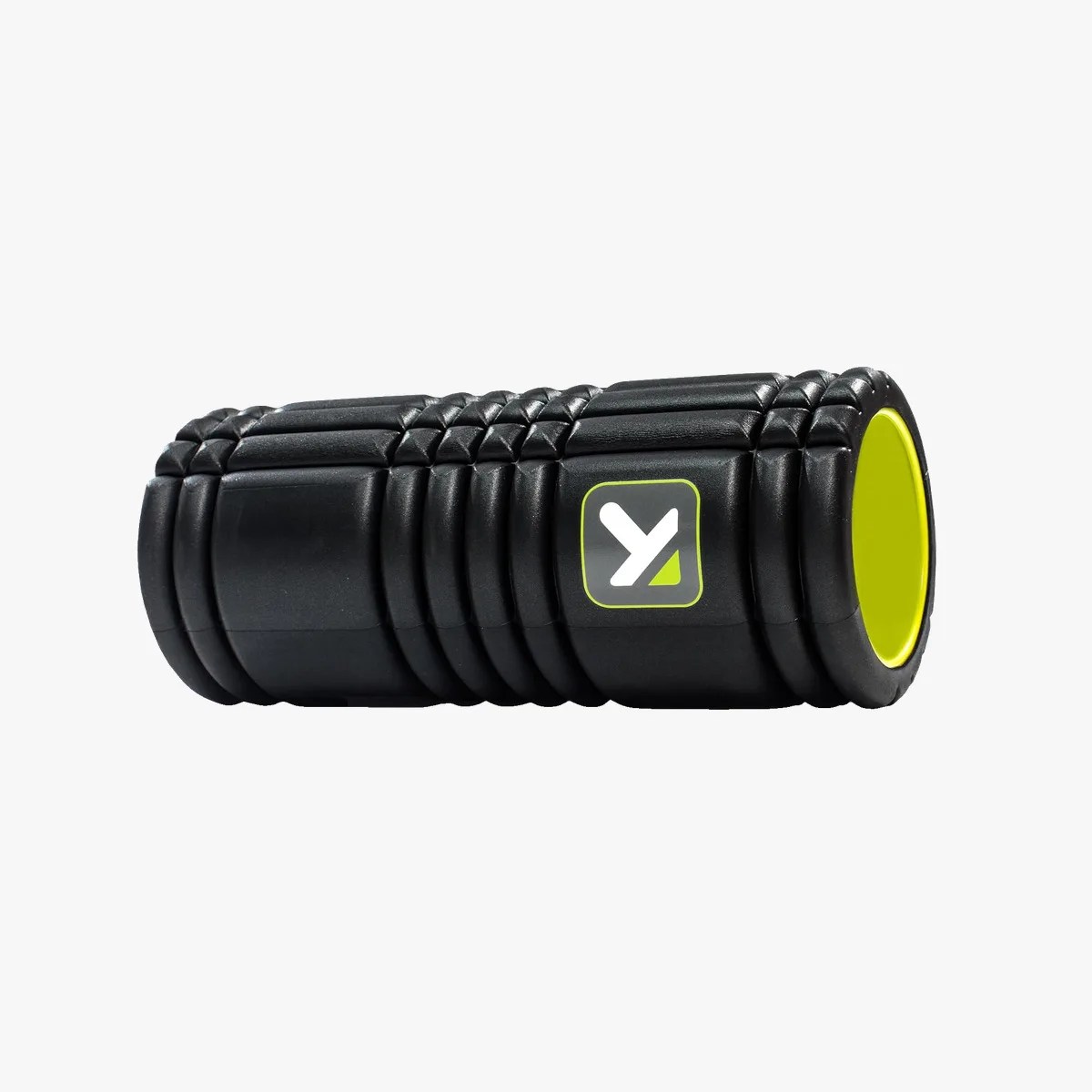 Black textured foam roller with a yellow hollow core and a white and green logo on the side.