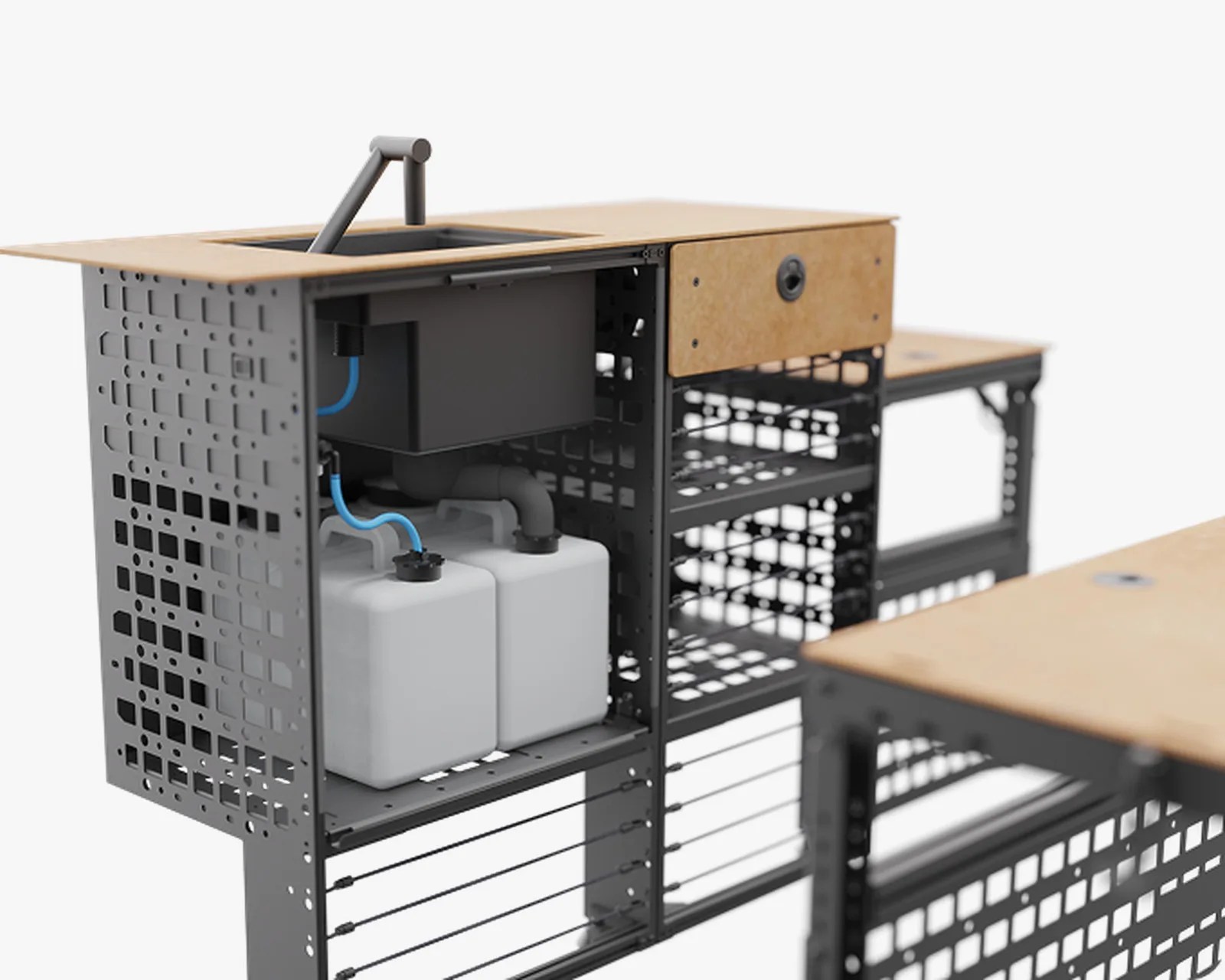 Modular metal frame with wooden countertop featuring a built-in sink, faucet, and two white water containers connected by blue tubing.