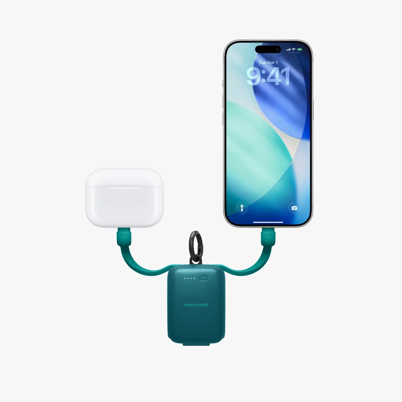 Teal portable charger with two short cables charging a white wireless earbud case and a smartphone.