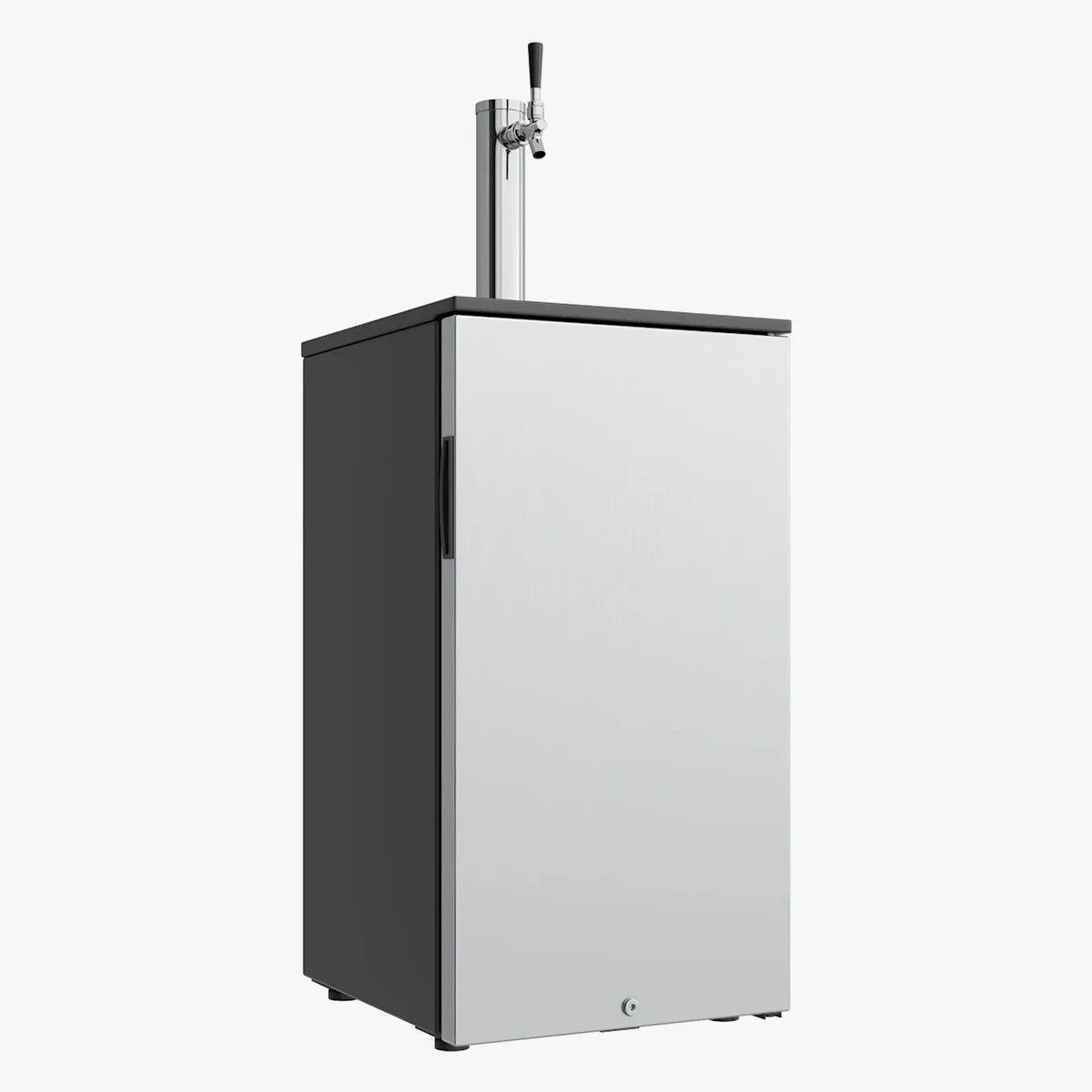 Black and stainless steel kegerator with a single tap handle on top.
