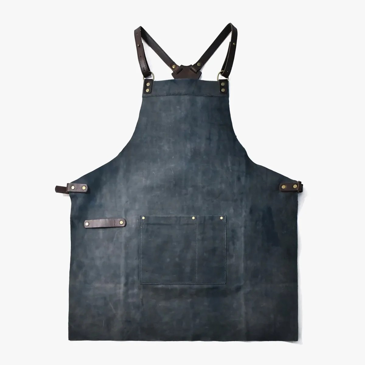 Dark gray leather apron with adjustable brown leather straps and front pockets.
