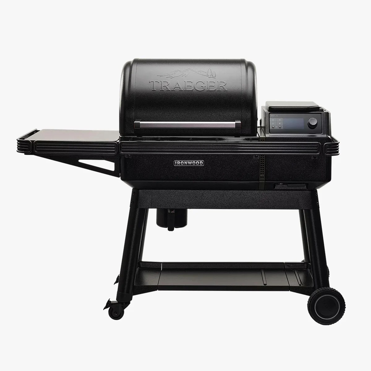 Black Traeger Ironwood pellet grill with side shelf, digital control panel, and wheels on a white background.